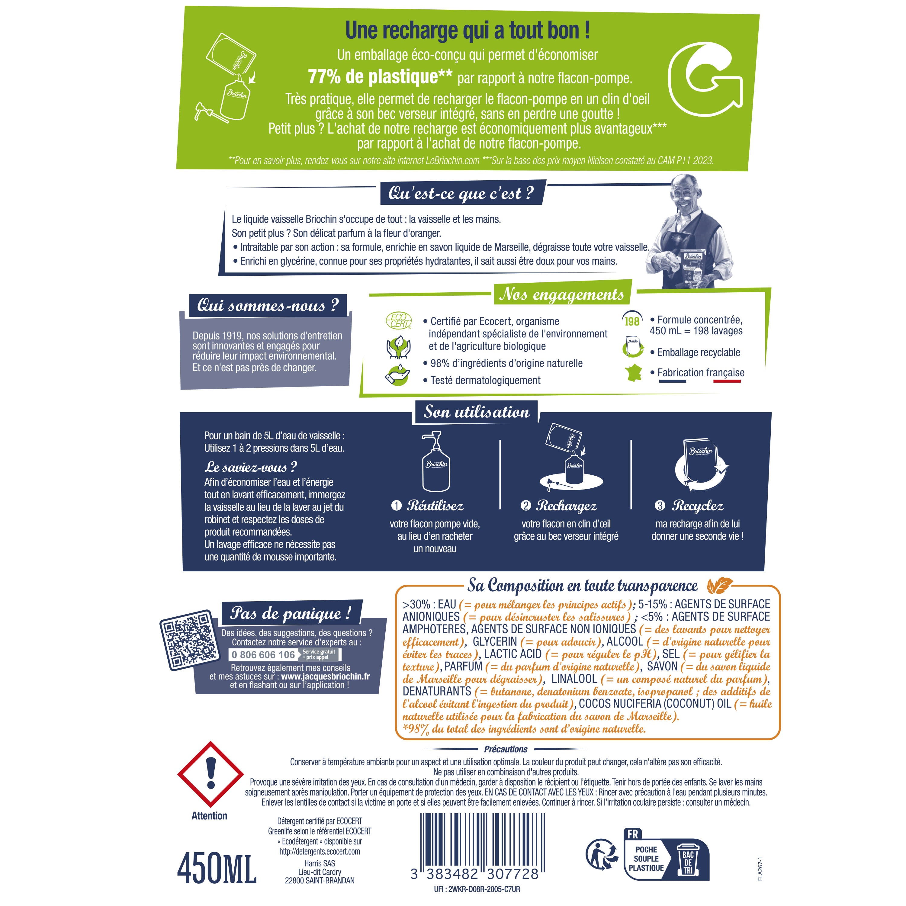JACQUES BRIOCHIN - Recharge liquide Vaisselle Mains Savon liquide de Marseille 500ml Fleur d'oranger