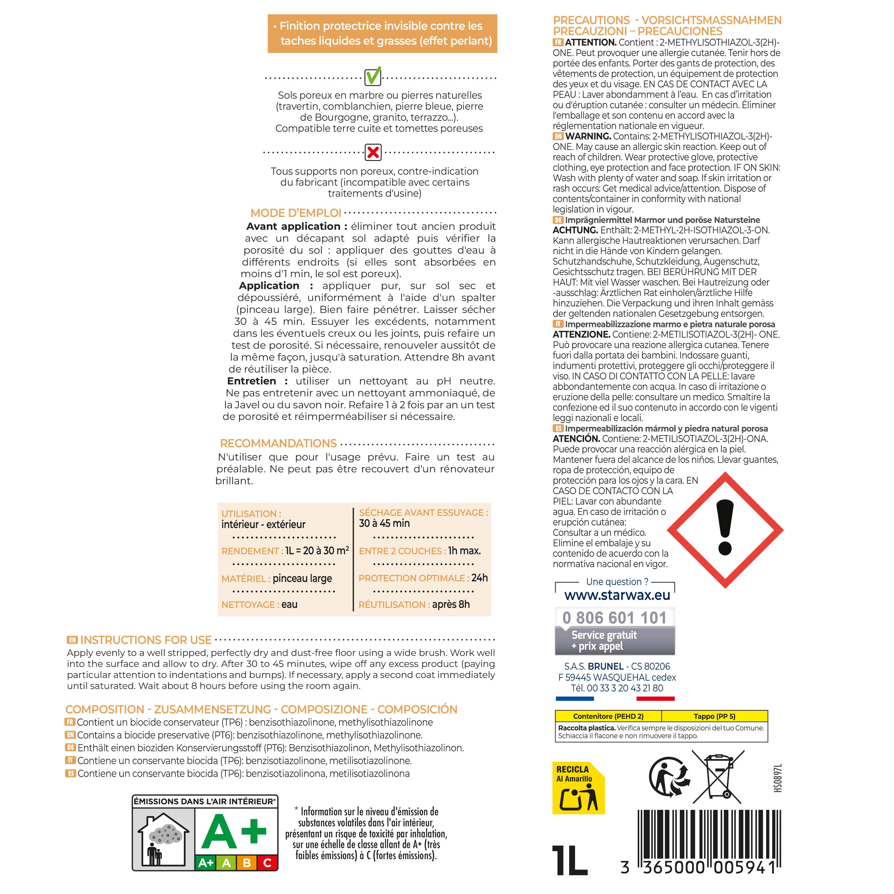 STARWAX - Imperméabilisant marbre et pierres naturelles poreuses - protection invisible 1L