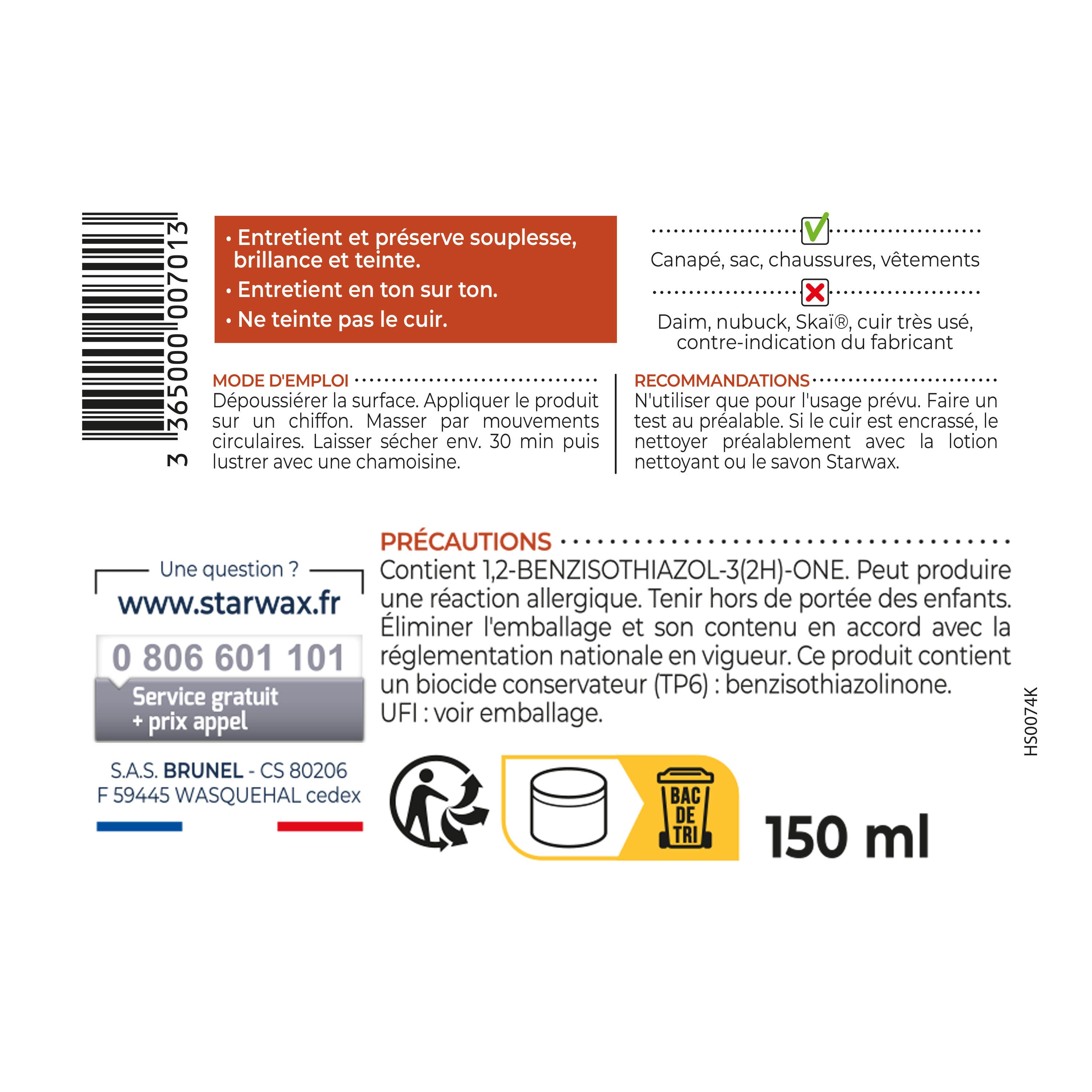 STARWAX - Crème de soin pour cuirs colorés 150ml Camel
