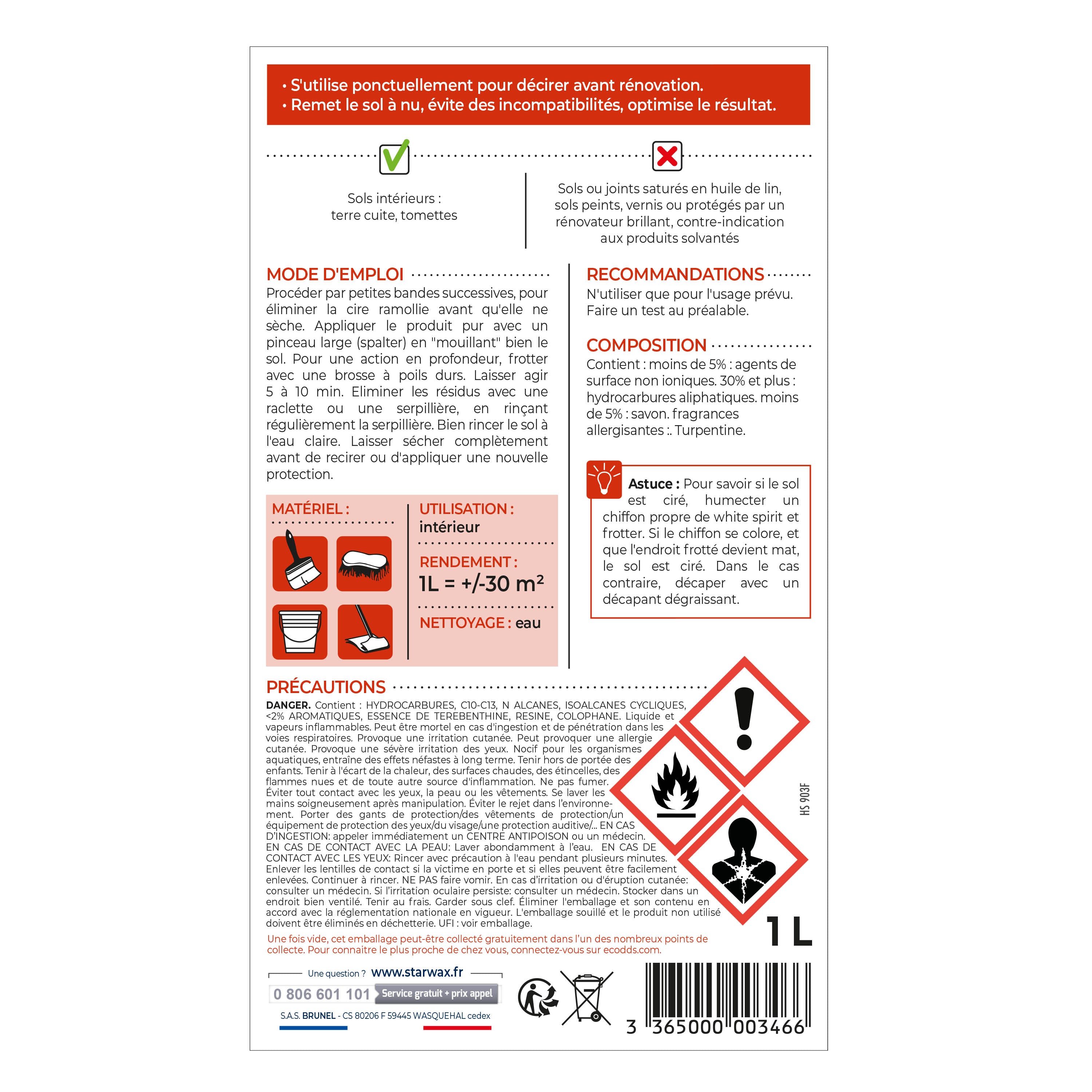 STARWAX - Décapant cire avant rénovation pour tomettes et terres cuites
 1L