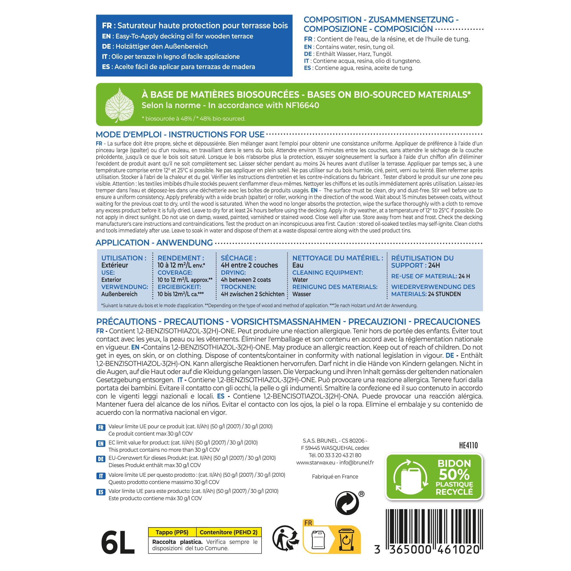 STARWAX - Saturateur Haute protection pour terrasses bois
 1L Teck