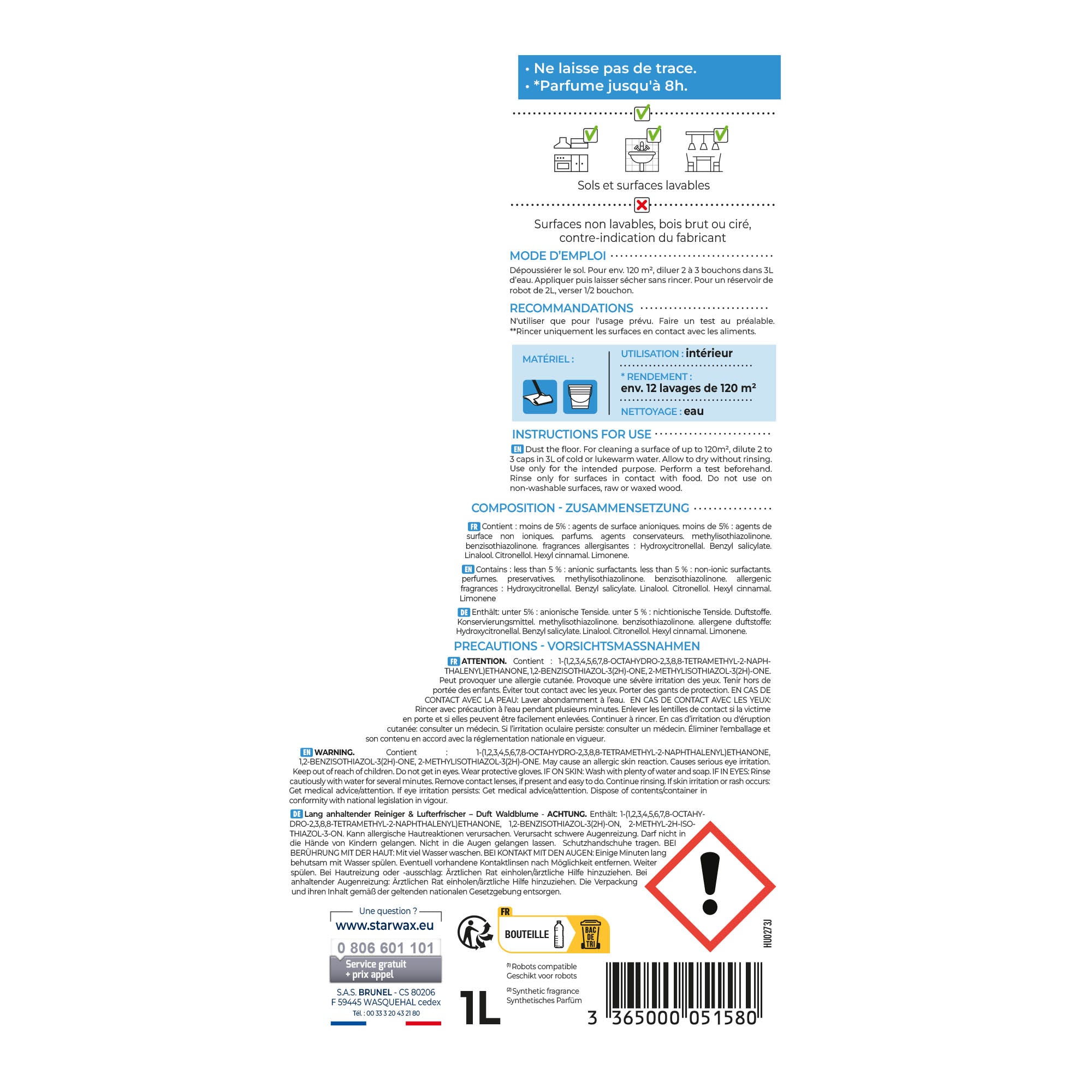 STARWAX - Nettoyant désodorisant longue durée parfum brise marine 1L Parfum brise marine