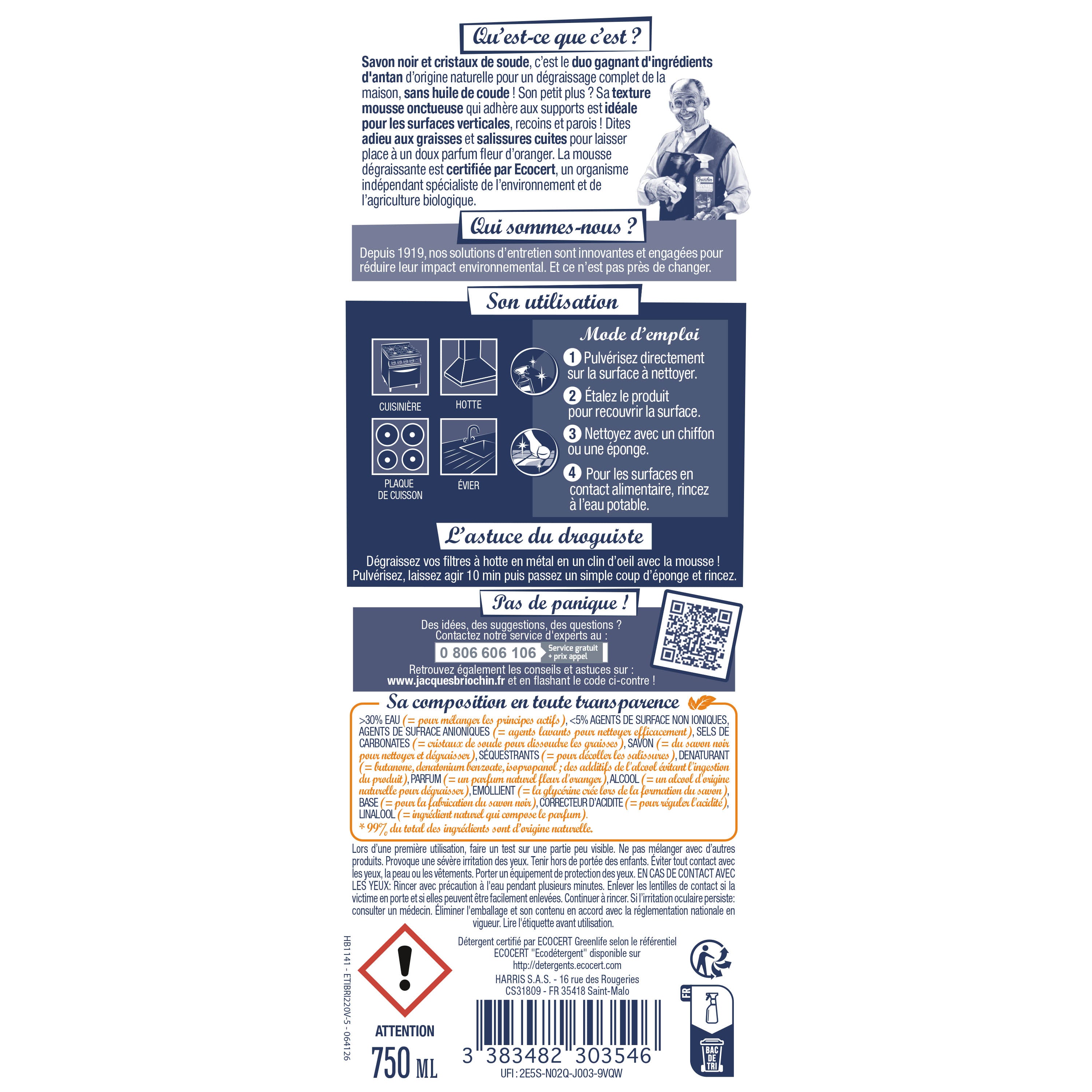 JACQUES BRIOCHIN - Mousse dégraissante au savon noir et cristaux de soude 750ml Fleur d'oranger