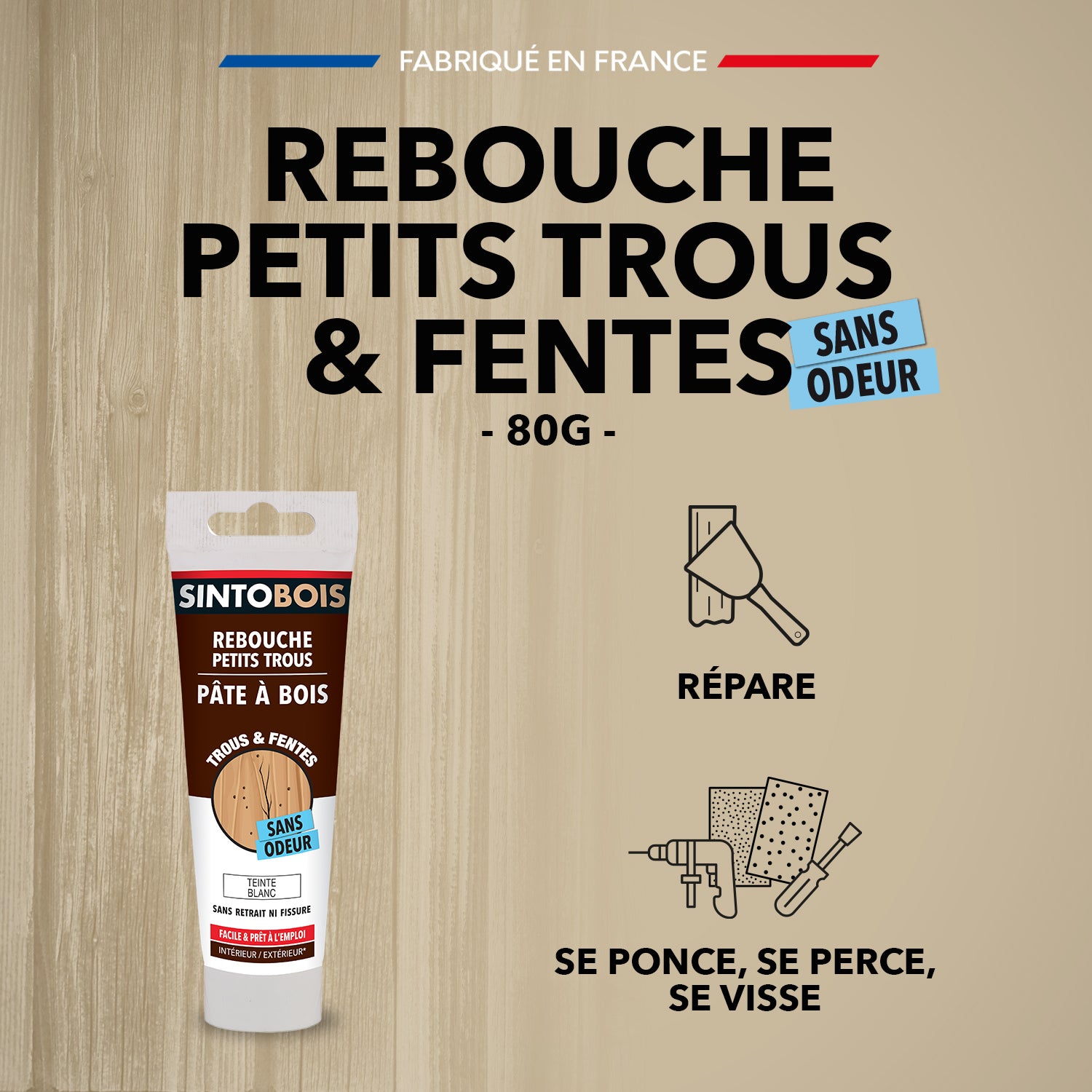 SINTO - Rebouche imperfections -  Pâte à bois naturel 80g Blanc