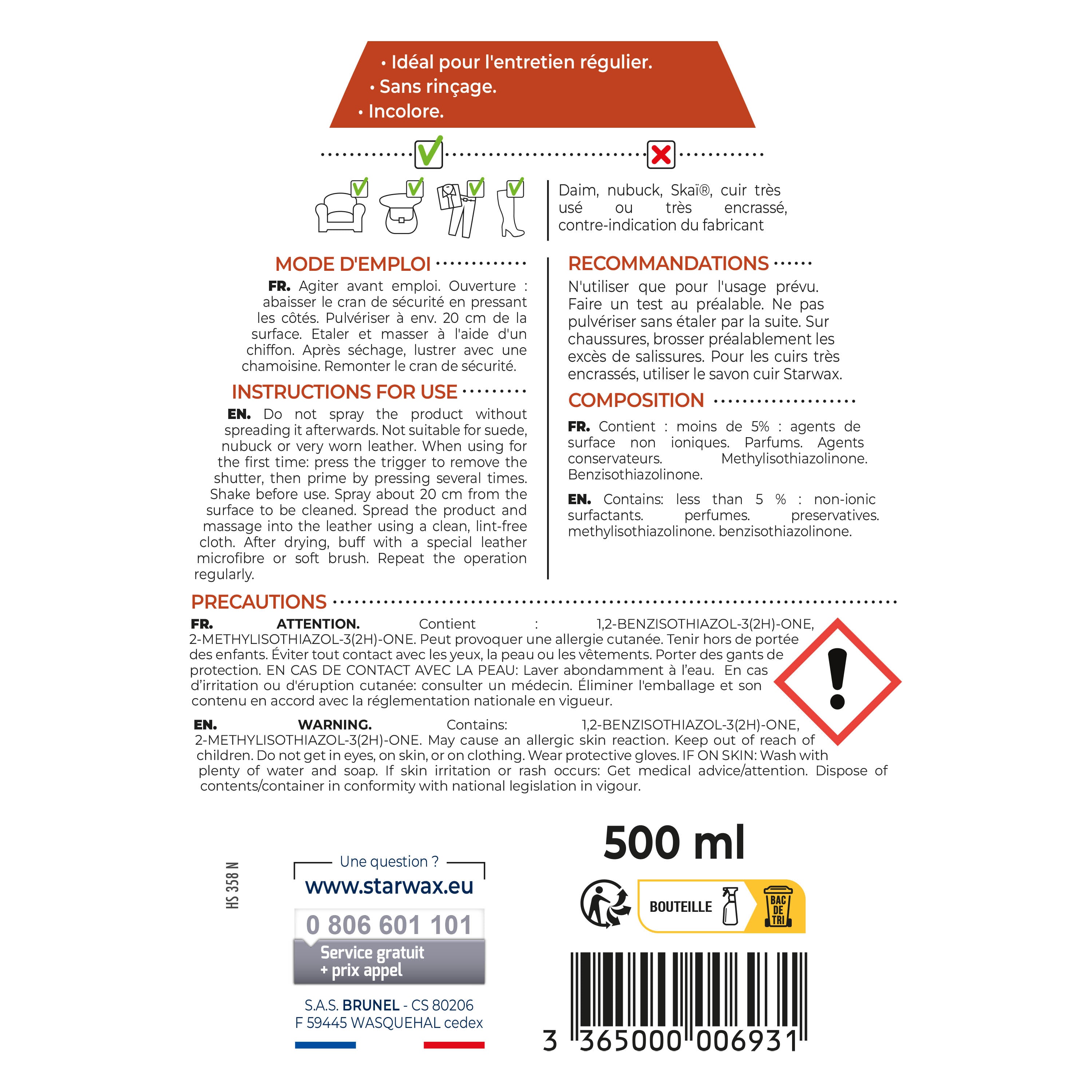 STARWAX - Lait de soin pour cuir 500ml Incolore