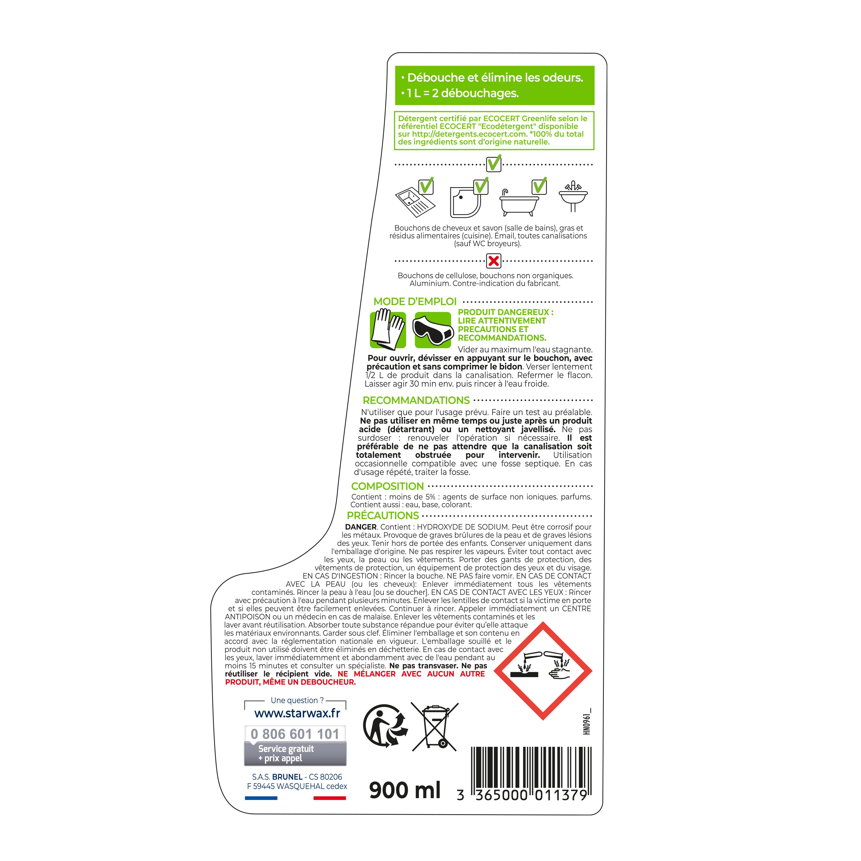 STARWAX SOLUVERT - Déboucheur suractif cuisine - salle de bains 900ml