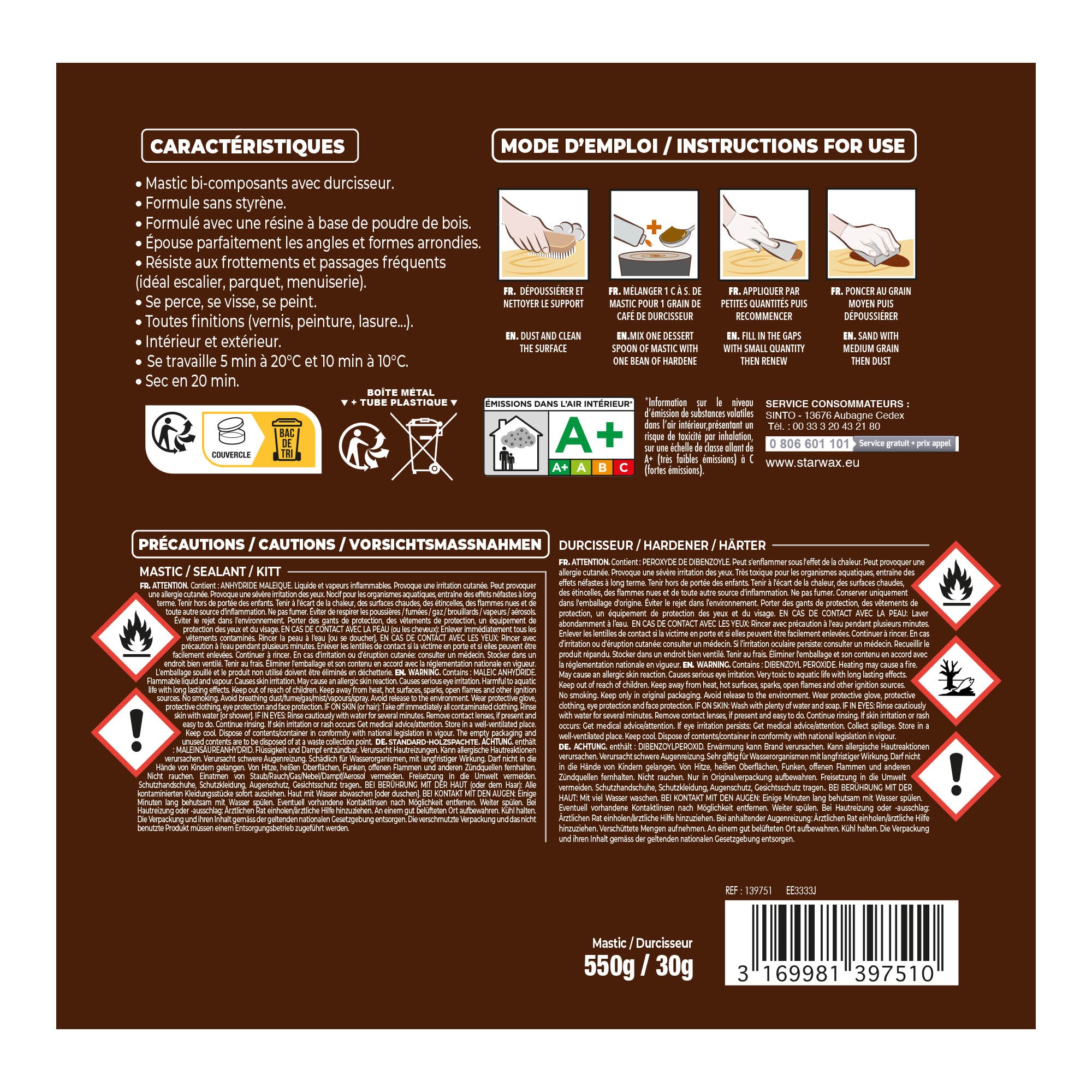 SINTO - Reconstitue angles et gros trous 500ml Chêne