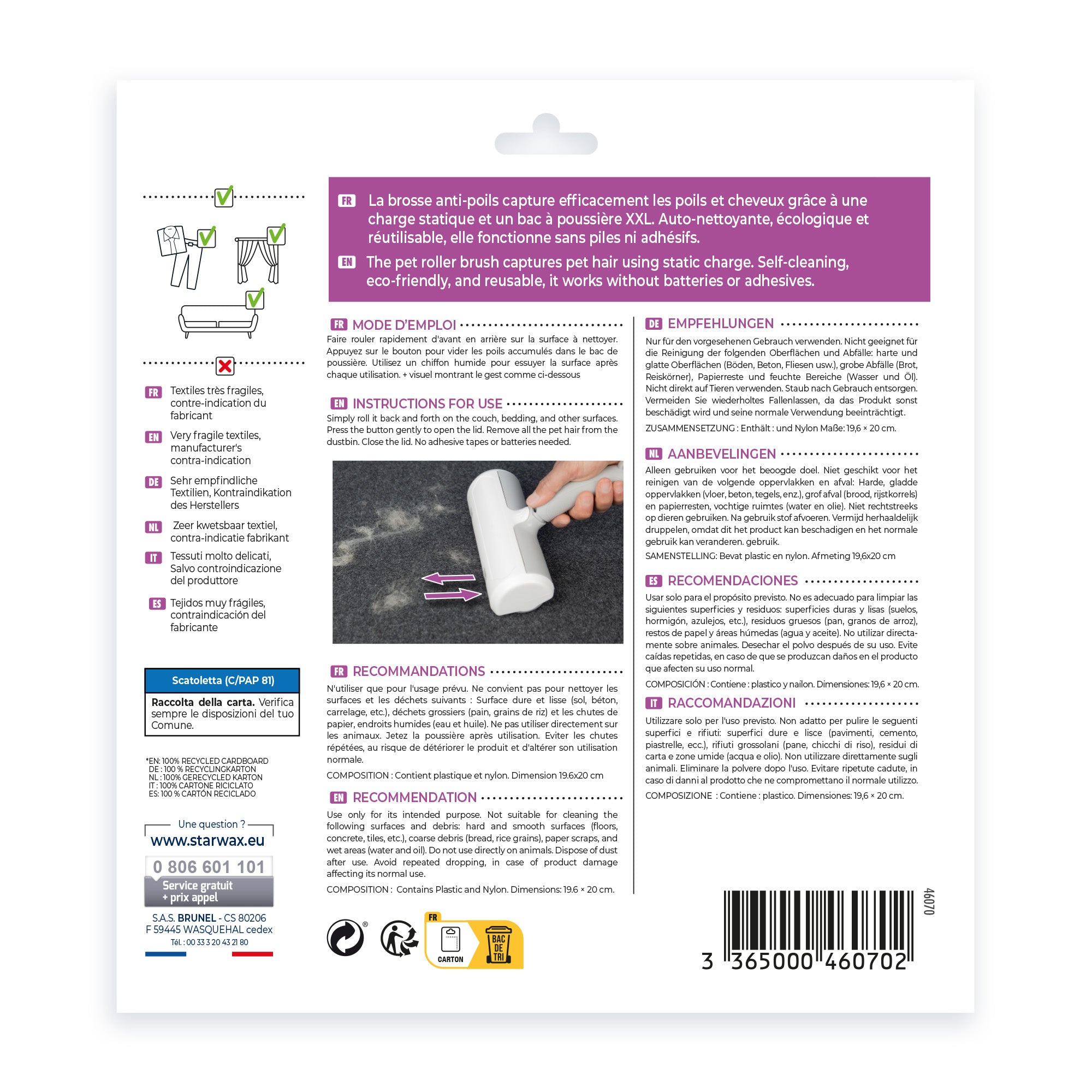 STARWAX - Brosse anti-poils animaux X1 Blanche et gris