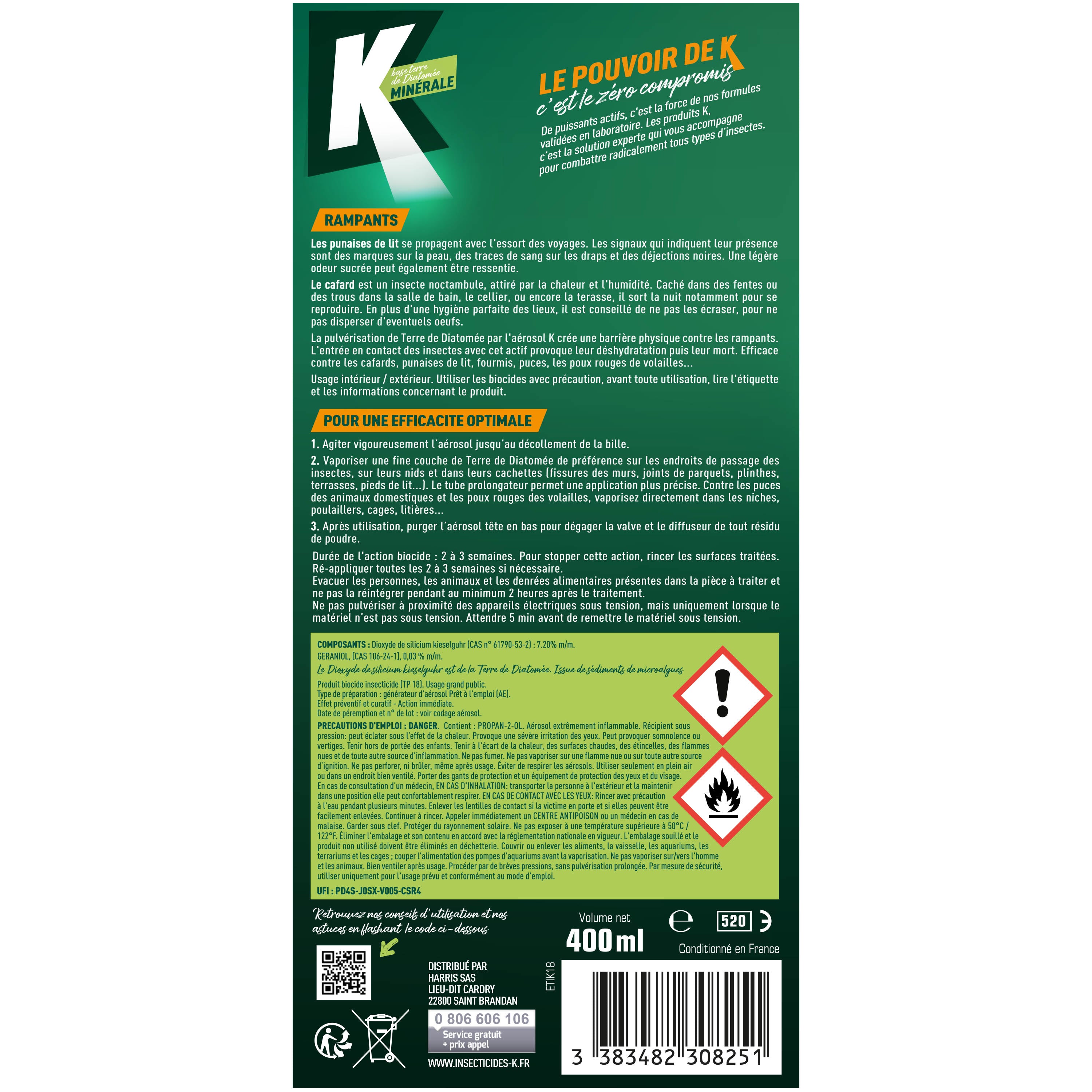 K - Aérosol rampants punaises de lit Terre de Diatomée 400ml
