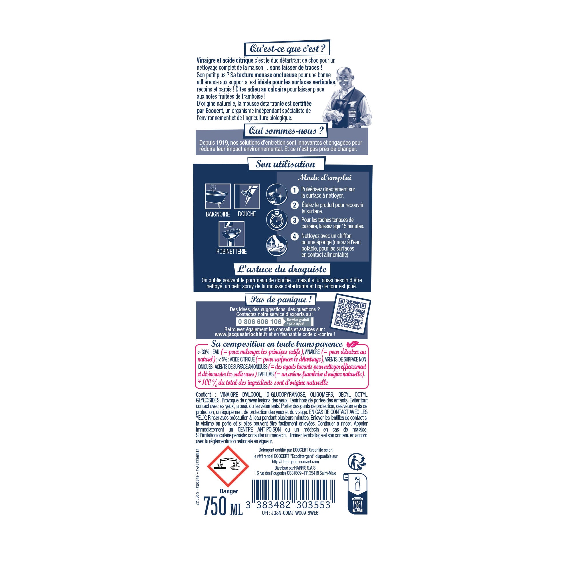 JACQUES BRIOCHIN - Mousse détartrante au vinaigre et à l'acide citrique 750ml Framboise