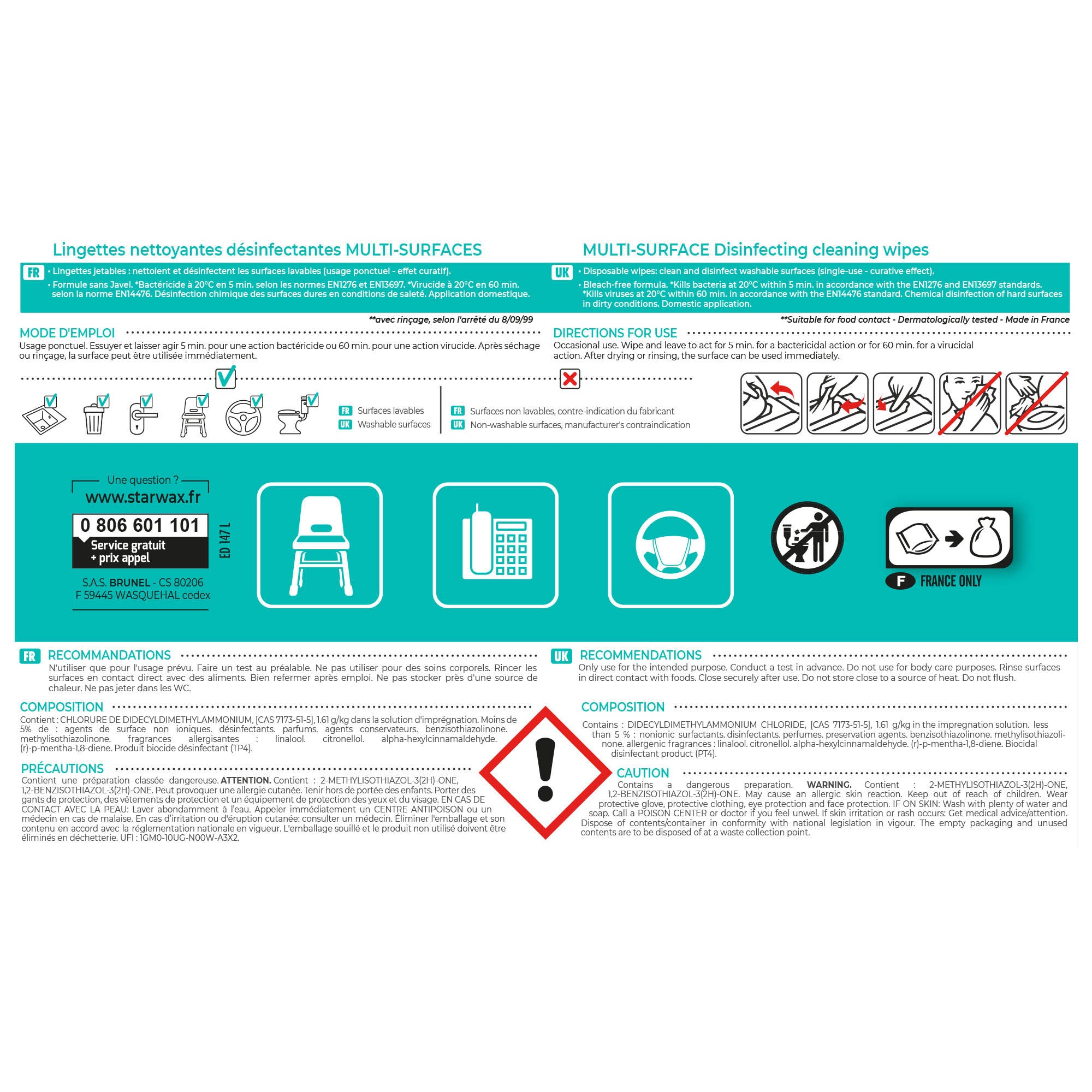 STARWAX - Lingettes nettoyantes désinfectantes multi-surfaces X50