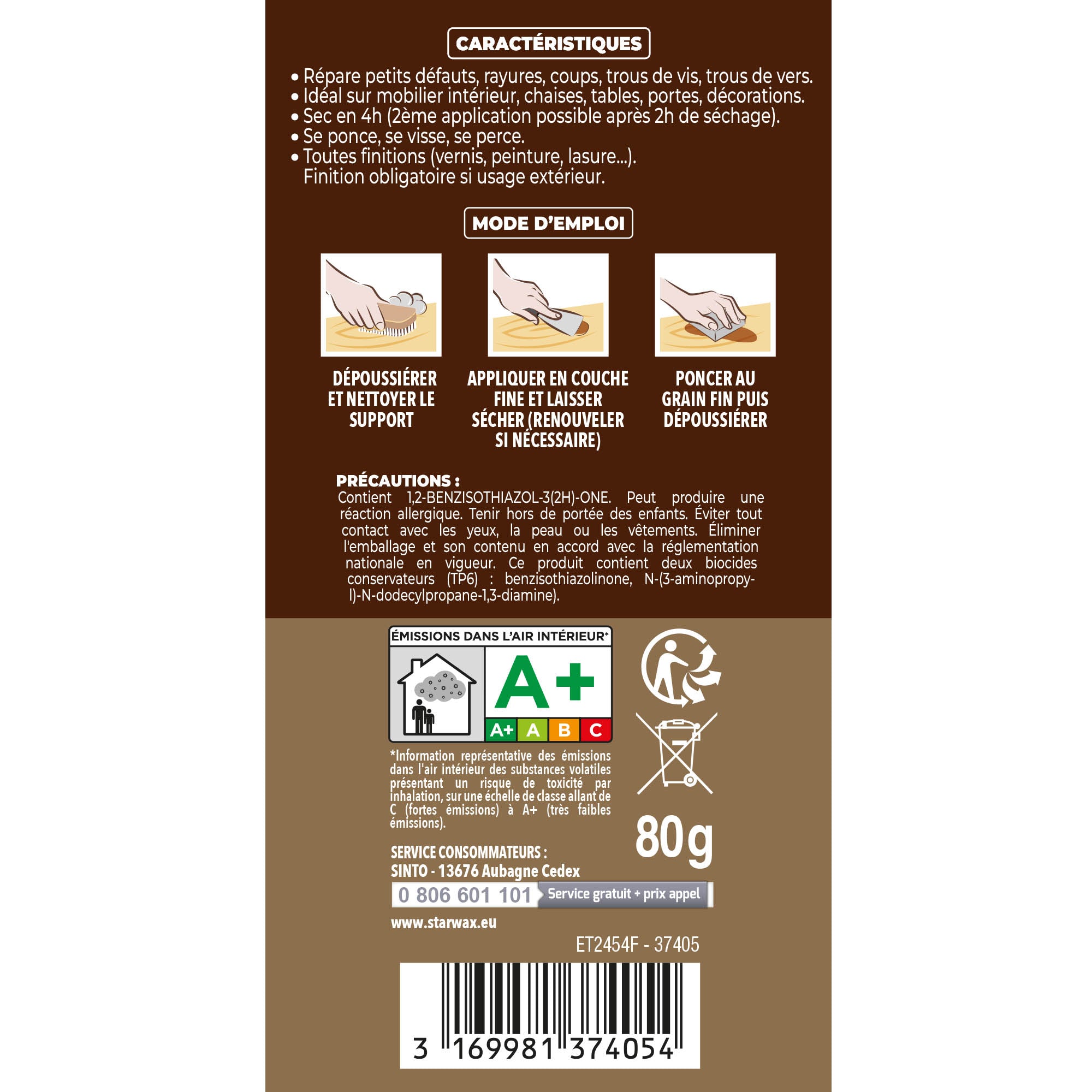 SINTO - Rebouche imperfections -  Pâte à bois naturel 80g Blanc
