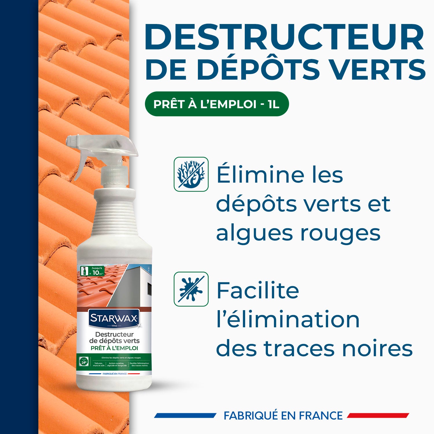 STARWAX - Destructeur de dépôts verts prêt à l'emploi pour toitures, murs et sols extérieurs 1L
