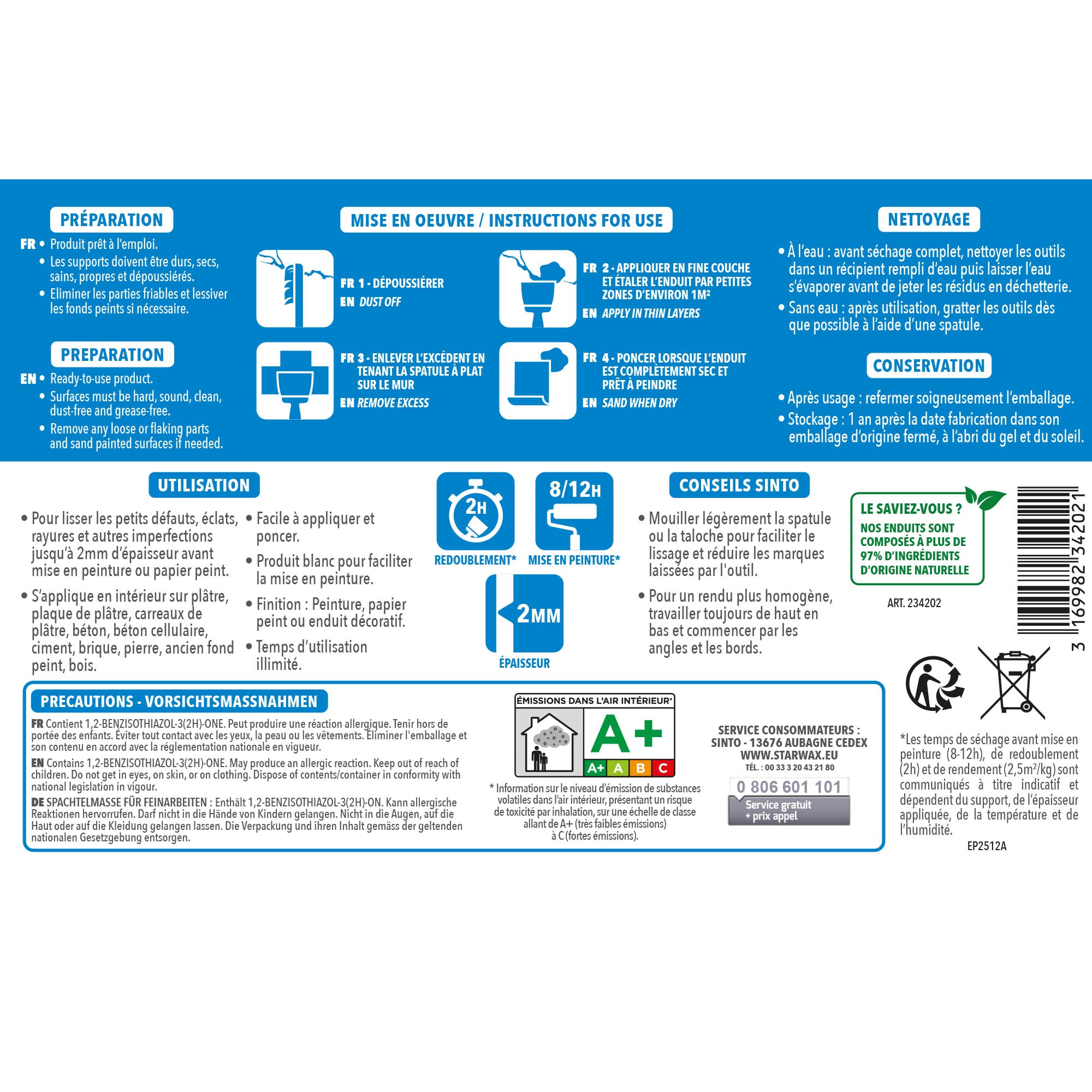 SINTO - Enduit lissage pâte 1,5kg Blanc