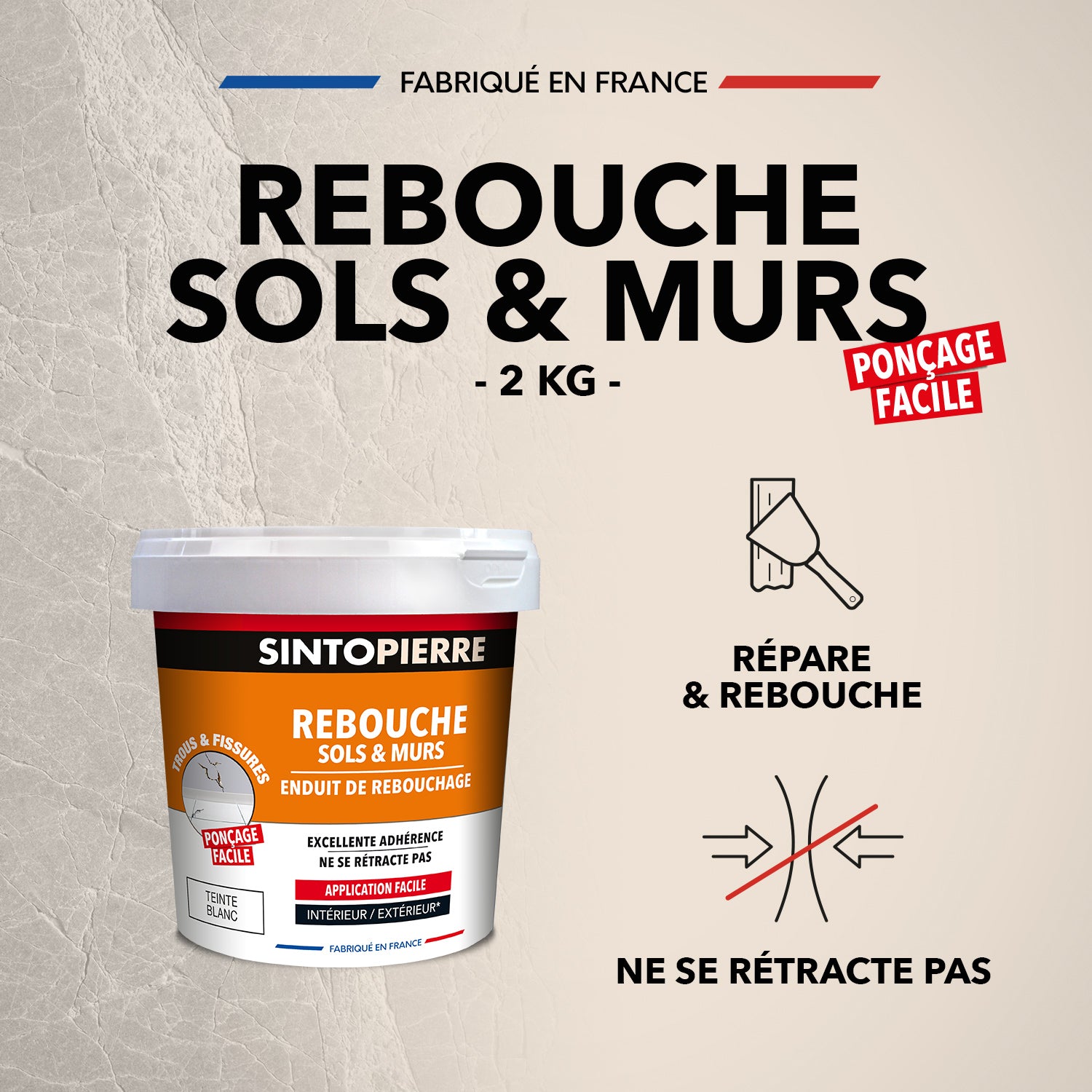 SINTO - Rebouche sols et murs - enduit de rebouchage 2Kg Blanc