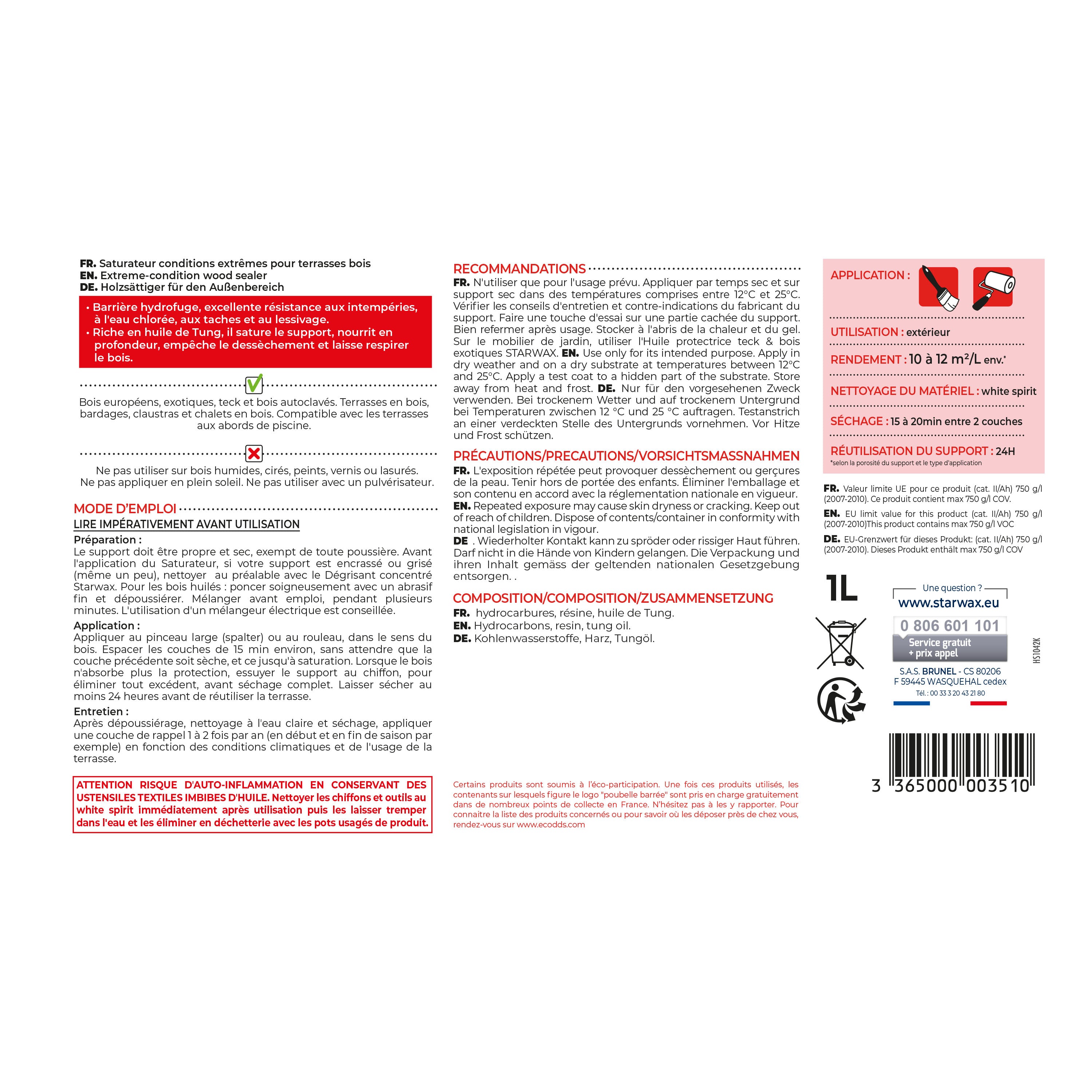 STARWAX - Saturateur bois extérieurs conditions extrêmes
 1L Incolore