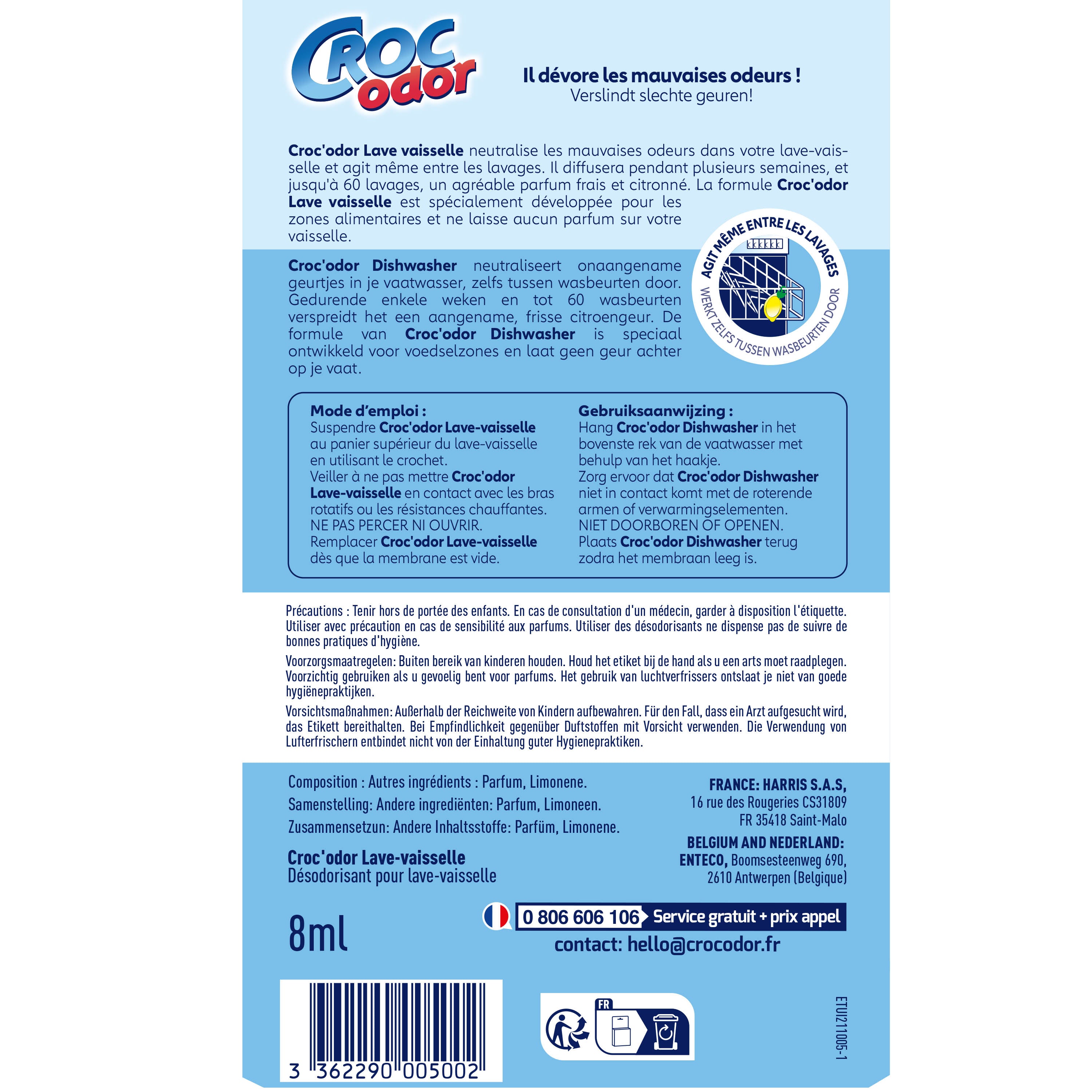 CROC ODOR - Absorbeur d'odeurs Lave-Vaisselle citron 8ml Citron