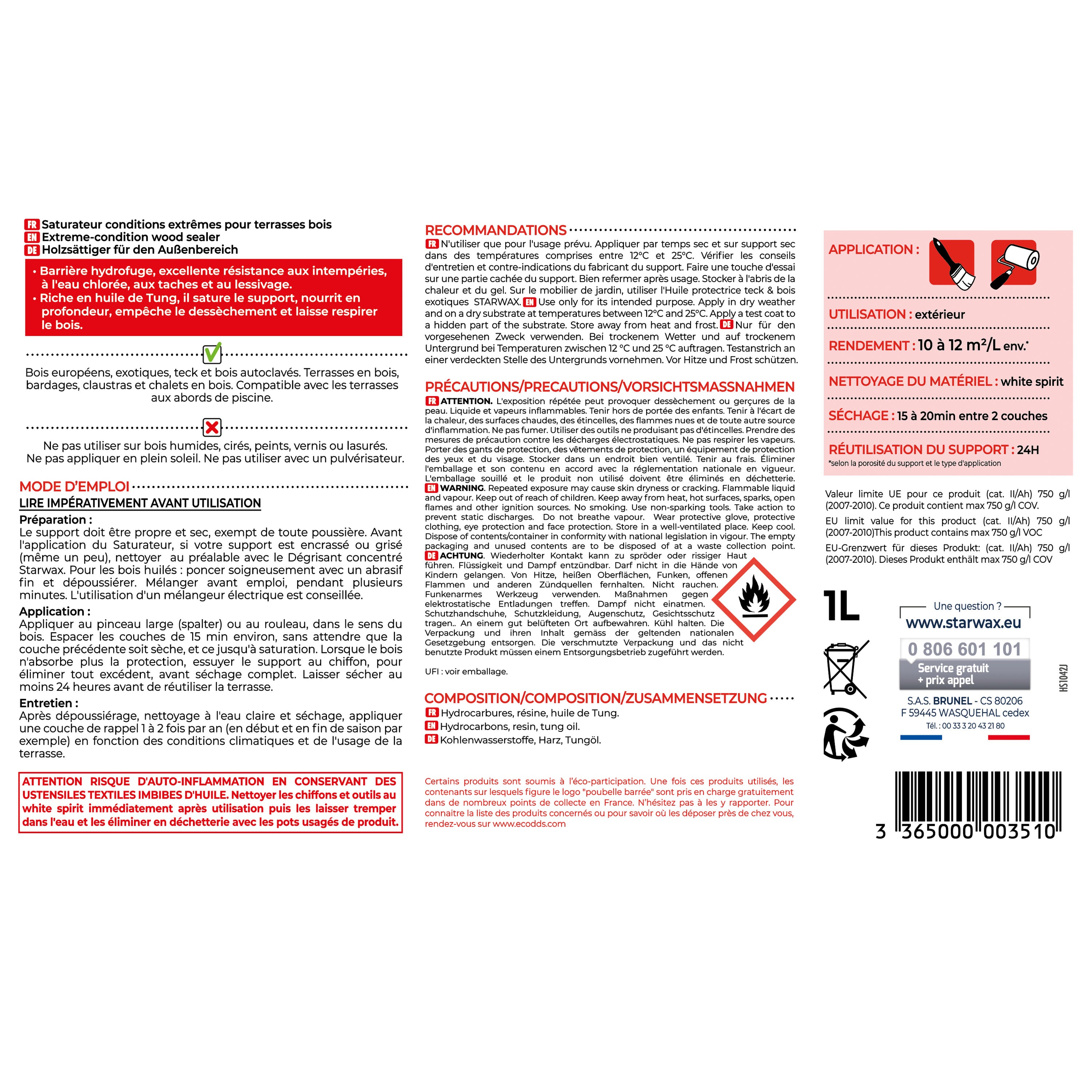 STARWAX - Saturateur bois extérieurs conditions extrêmes
 1L Incolore