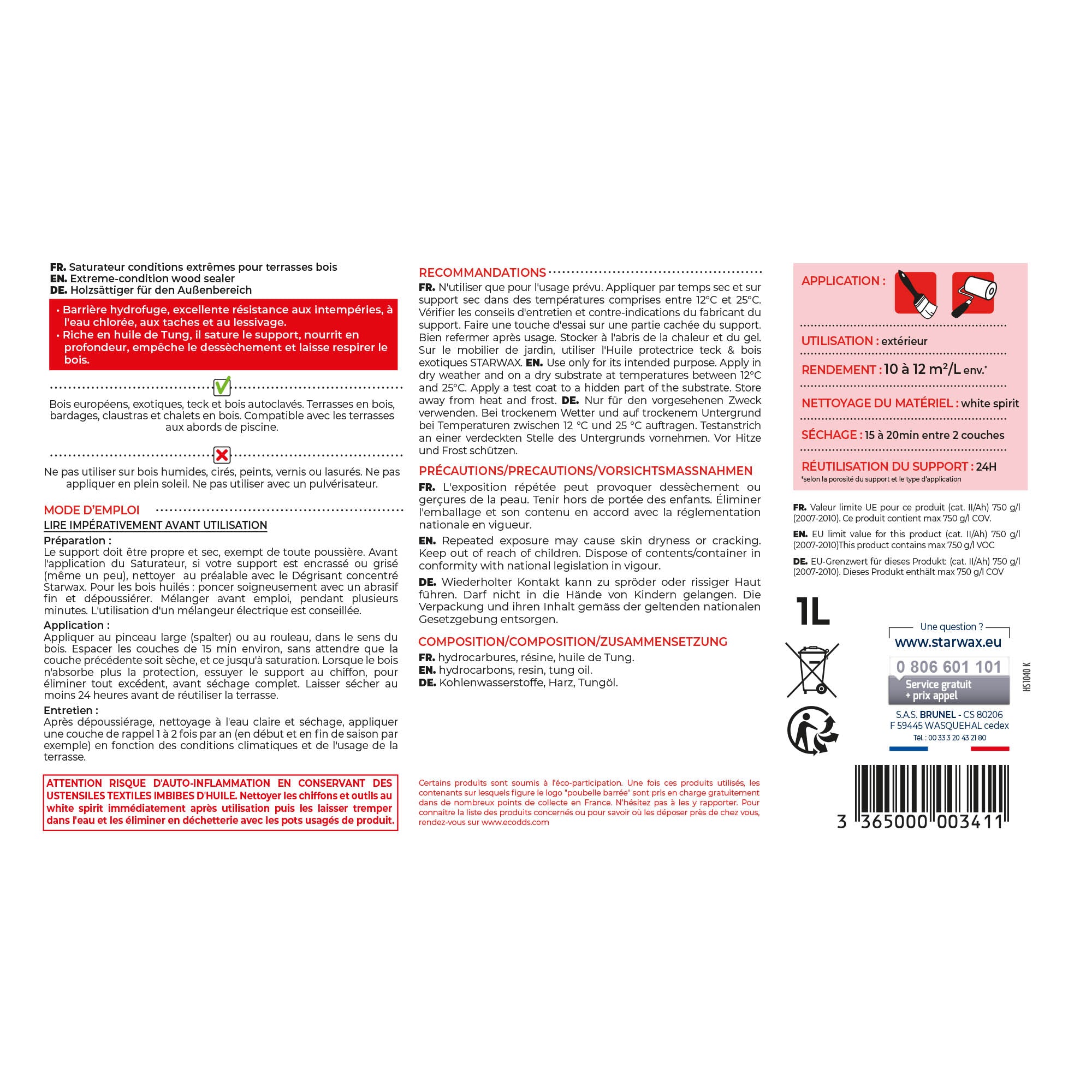 STARWAX - Saturateur bois extérieurs conditions extrêmes
 1L Incolore