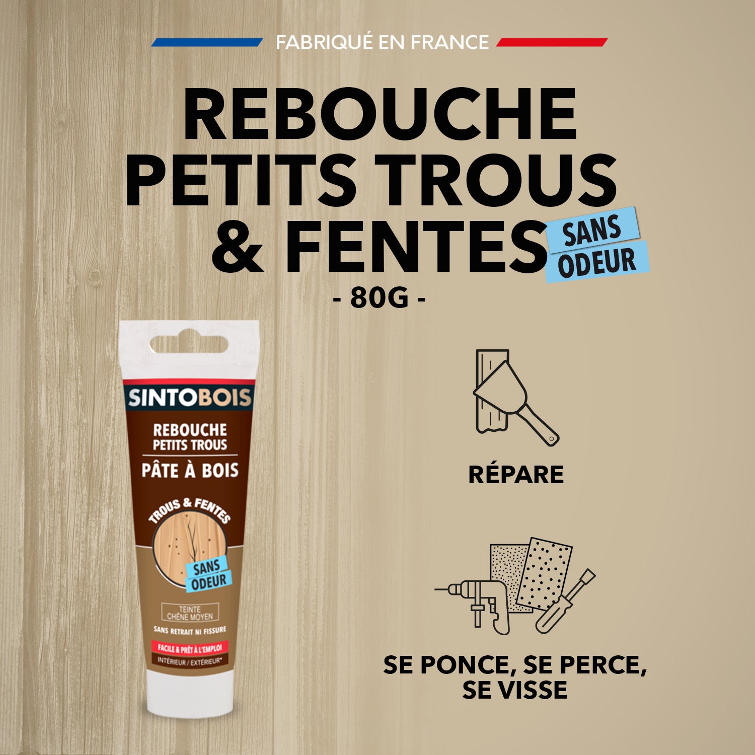 SINTO - Rebouche imperfections -  Pâte à bois naturel 80g Blanc
