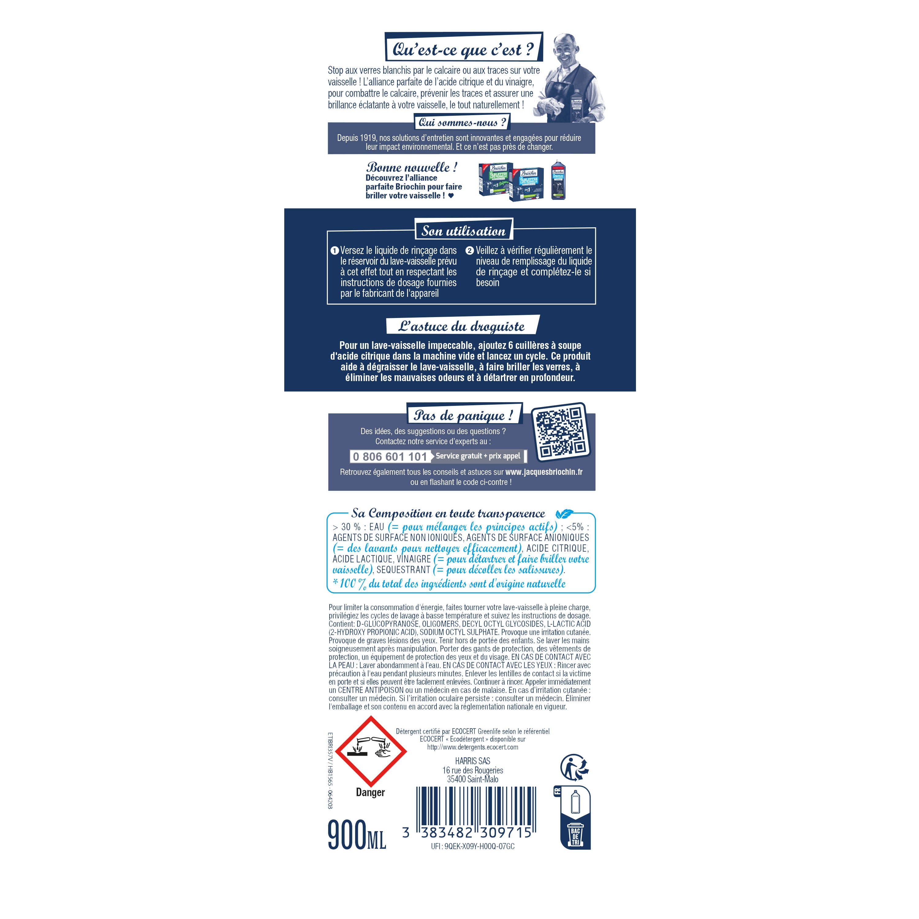 JACQUES BRIOCHIN - Le liquide de rincage à base d'acide citrique & de vinaigre 900ml
