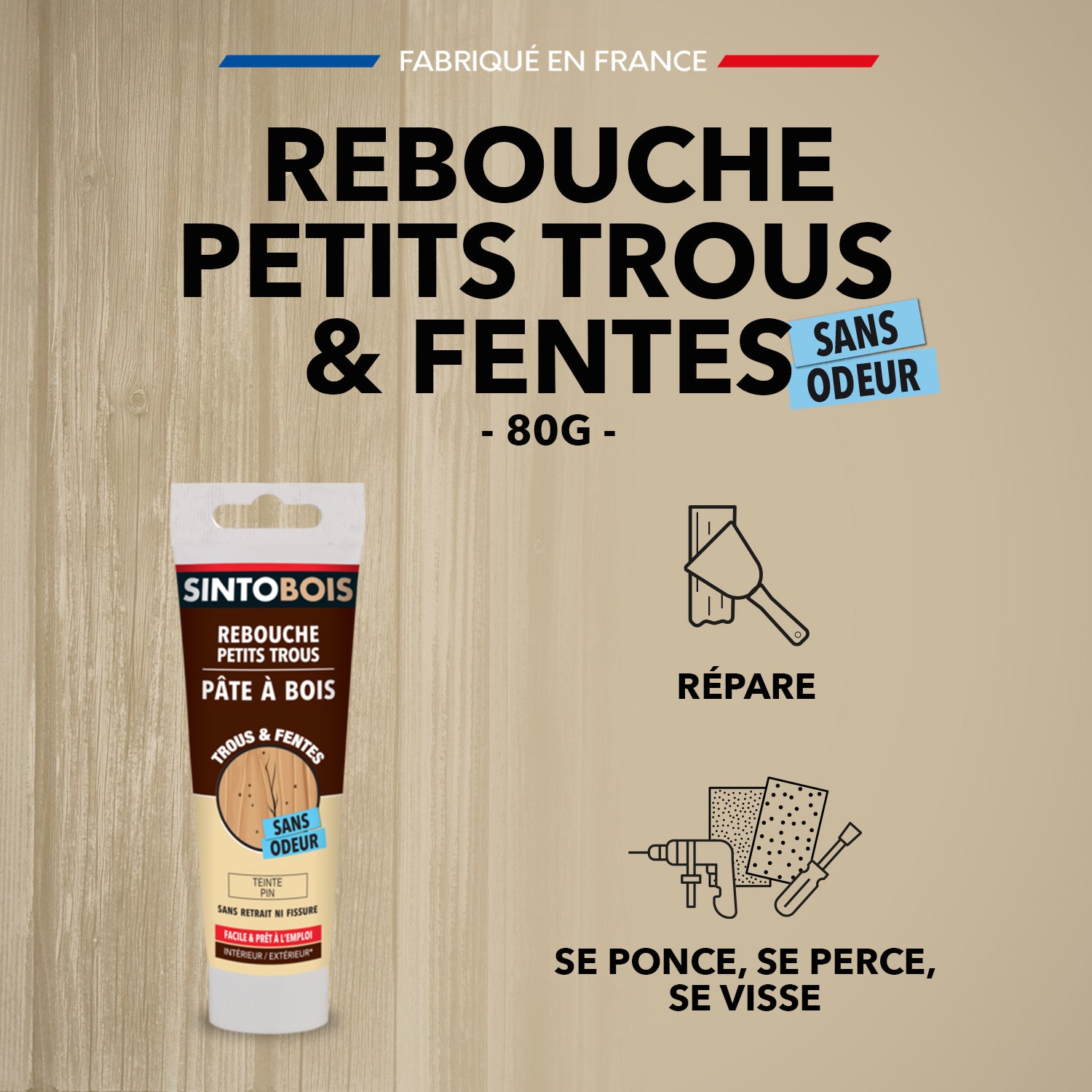 SINTO - Rebouche imperfections -  Pâte à bois naturel 80g Blanc