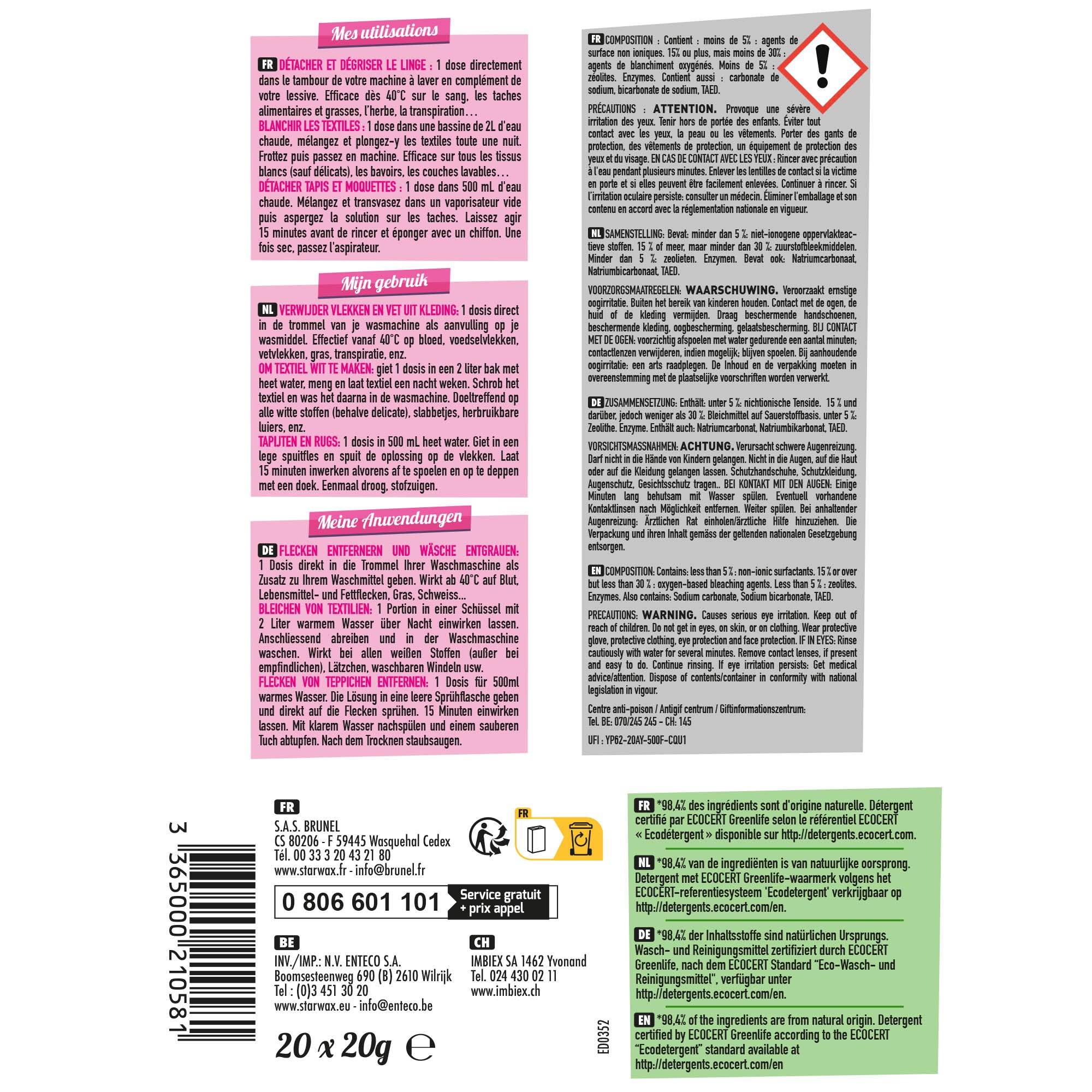 STARWAX FABULOUS - Doses prêtes à l'emploi détachantes & raviveur de blancheur – Percarbonate de Soude 20 doses