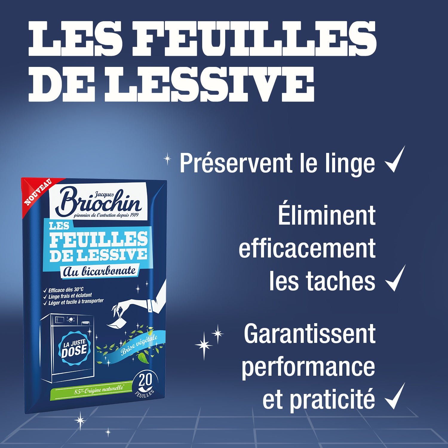 JACQUES BRIOCHIN - Feuilles de lessive au Bicarbonate parfum Brise végétale 20 feuilles Parfum Brise végétale