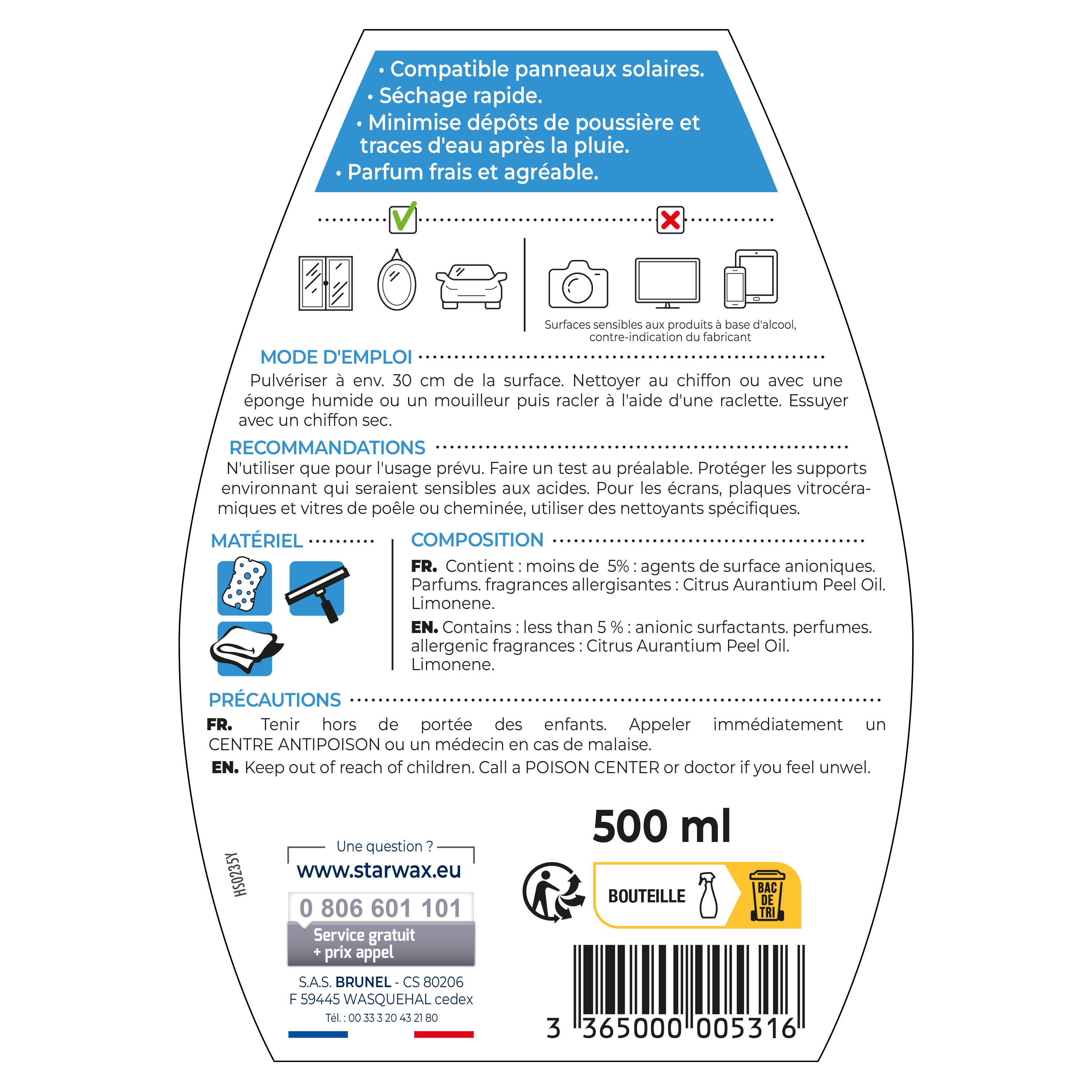 STARWAX - Nettoyant spécial vitres et miroirs
 500ml Parfum verveine citron (parfum de synthèse)