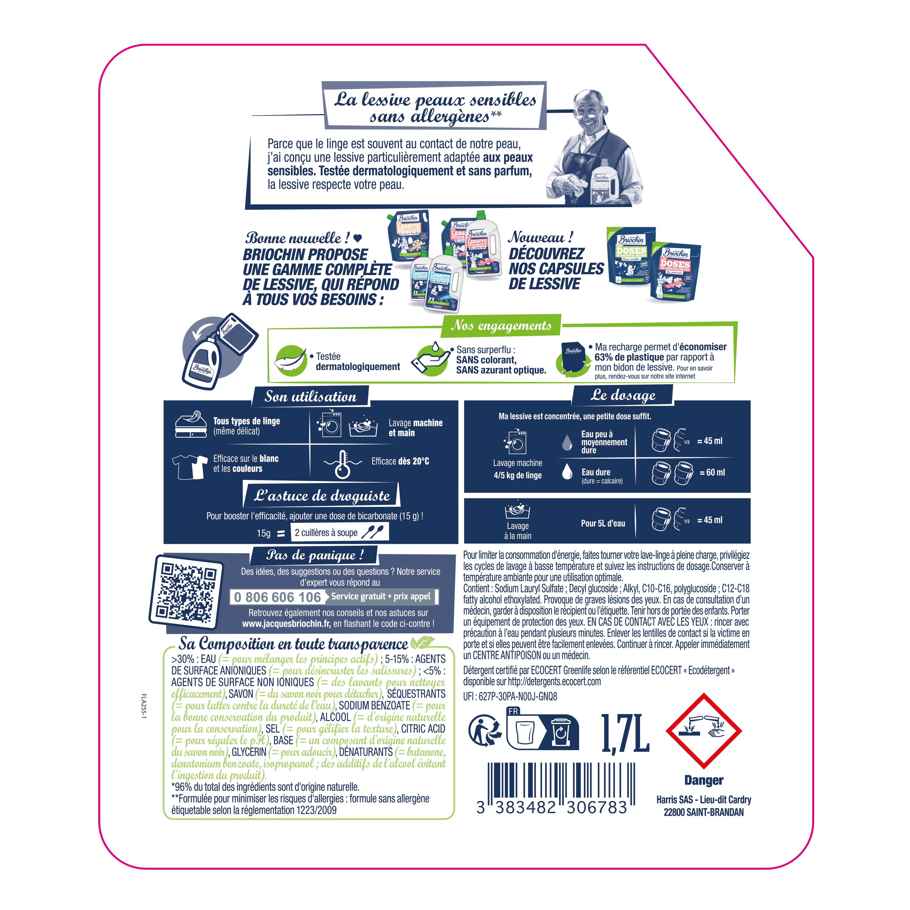 JACQUES BRIOCHIN - Recharge Ma lessive Peaux Sensibles - Sans allergènes 1,7L Sans parfum