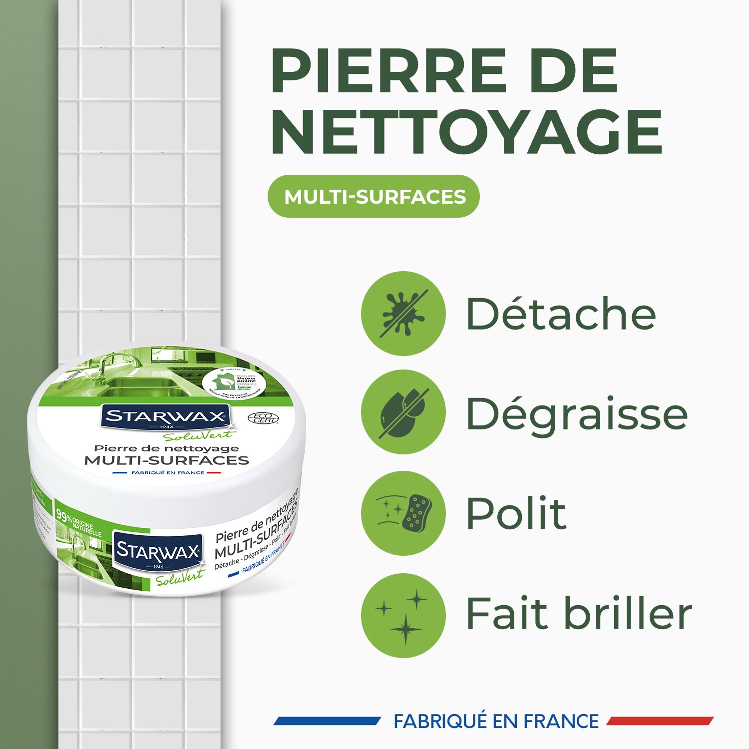 STARWAX SOLUVERT - Pierre blanche de nettoyage multi-surfaces 375g