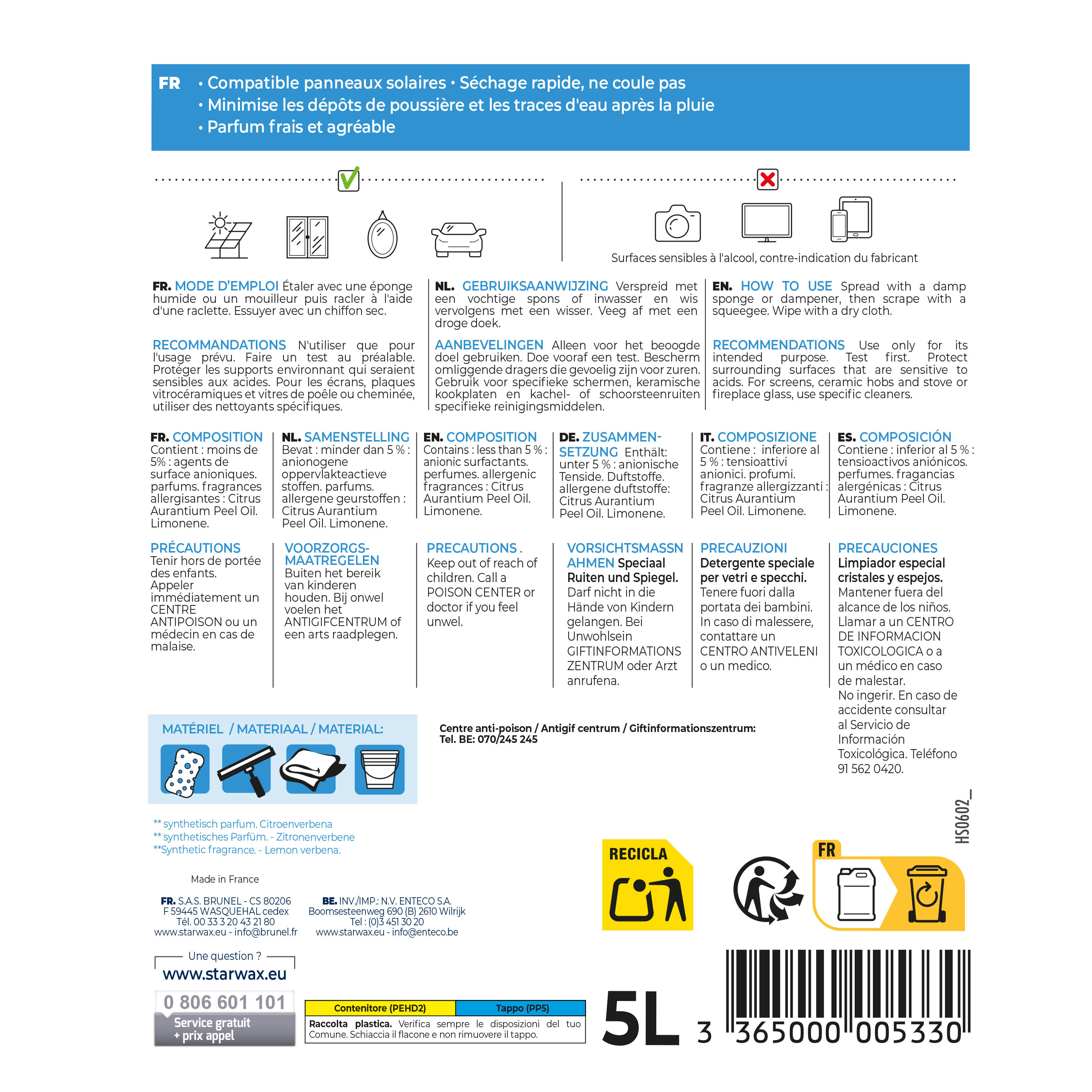 STARWAX - Nettoyant spécial vitres et miroirs
 500ml Parfum verveine citron (parfum de synthèse)
