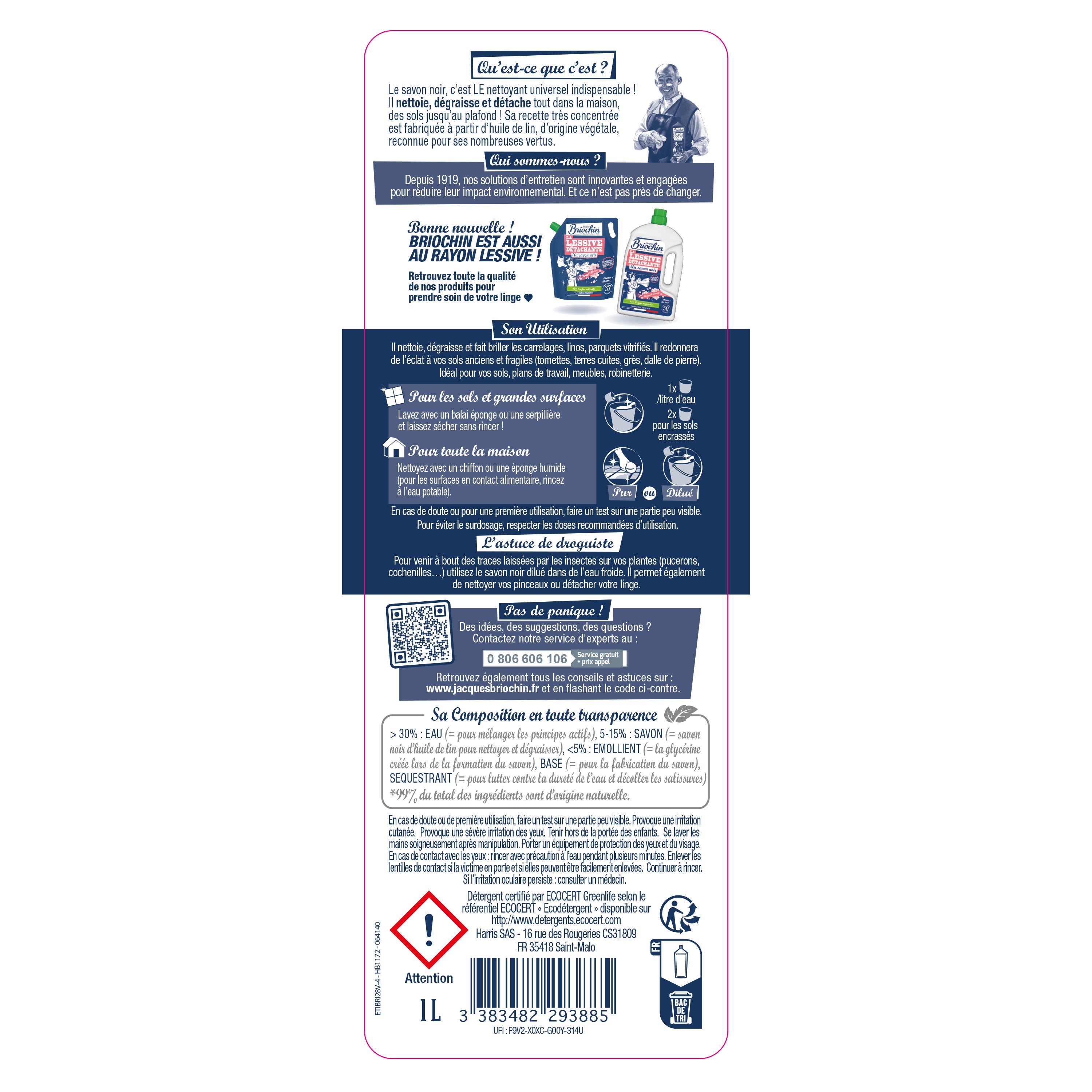 JACQUES BRIOCHIN - Savon noir liquide 1L Sans parfum