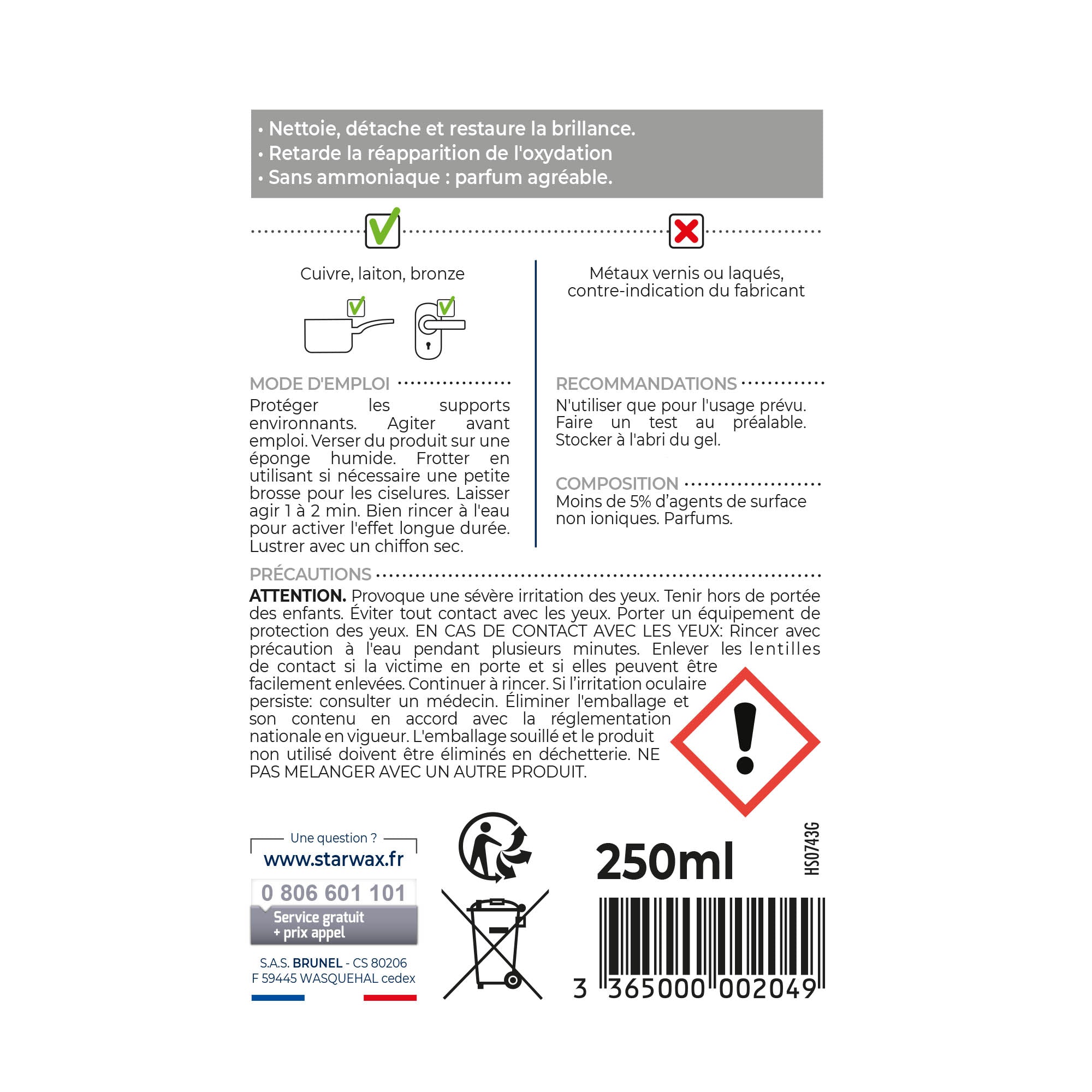 STARWAX - Nettoyant cuivre laiton & bronze 250ml