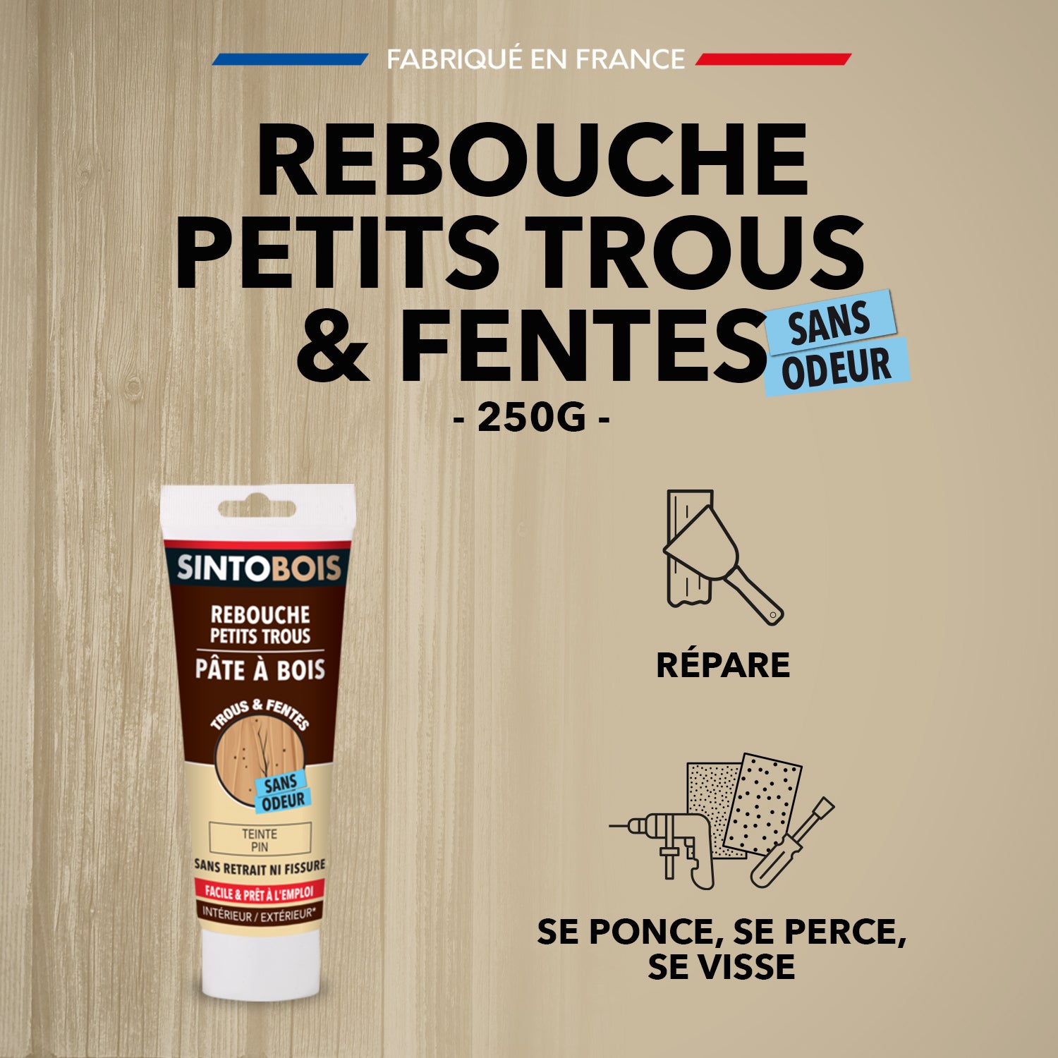 SINTO - Rebouche imperfections -  Pâte à bois naturel 80g Blanc