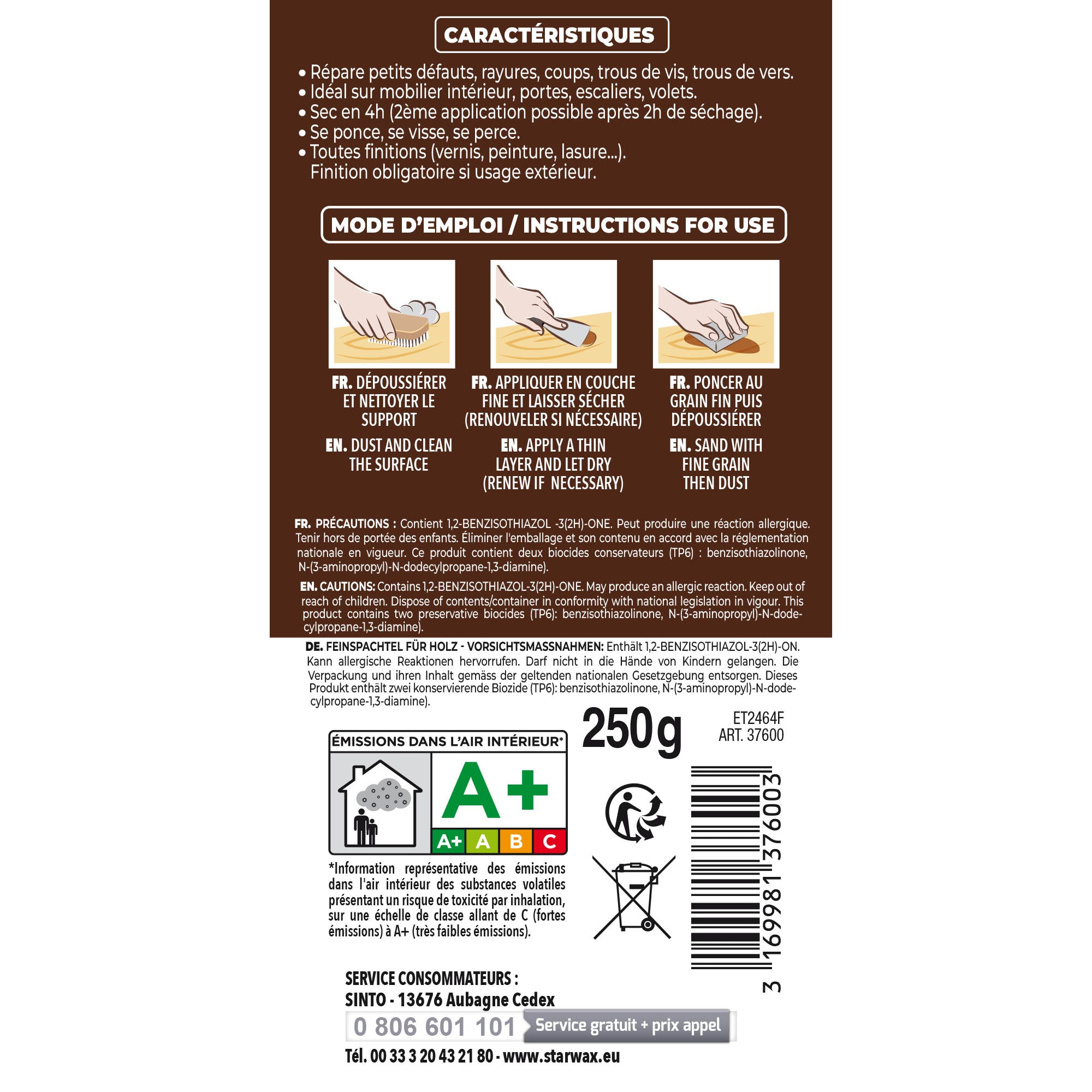 SINTO - Rebouche imperfections -  Pâte à bois naturel 80g Blanc