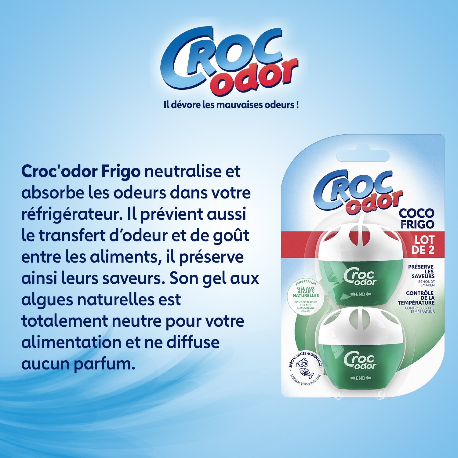 CROC ODOR - Absorbeur d'odeurs Frigo x2 2x33g Sans parfum