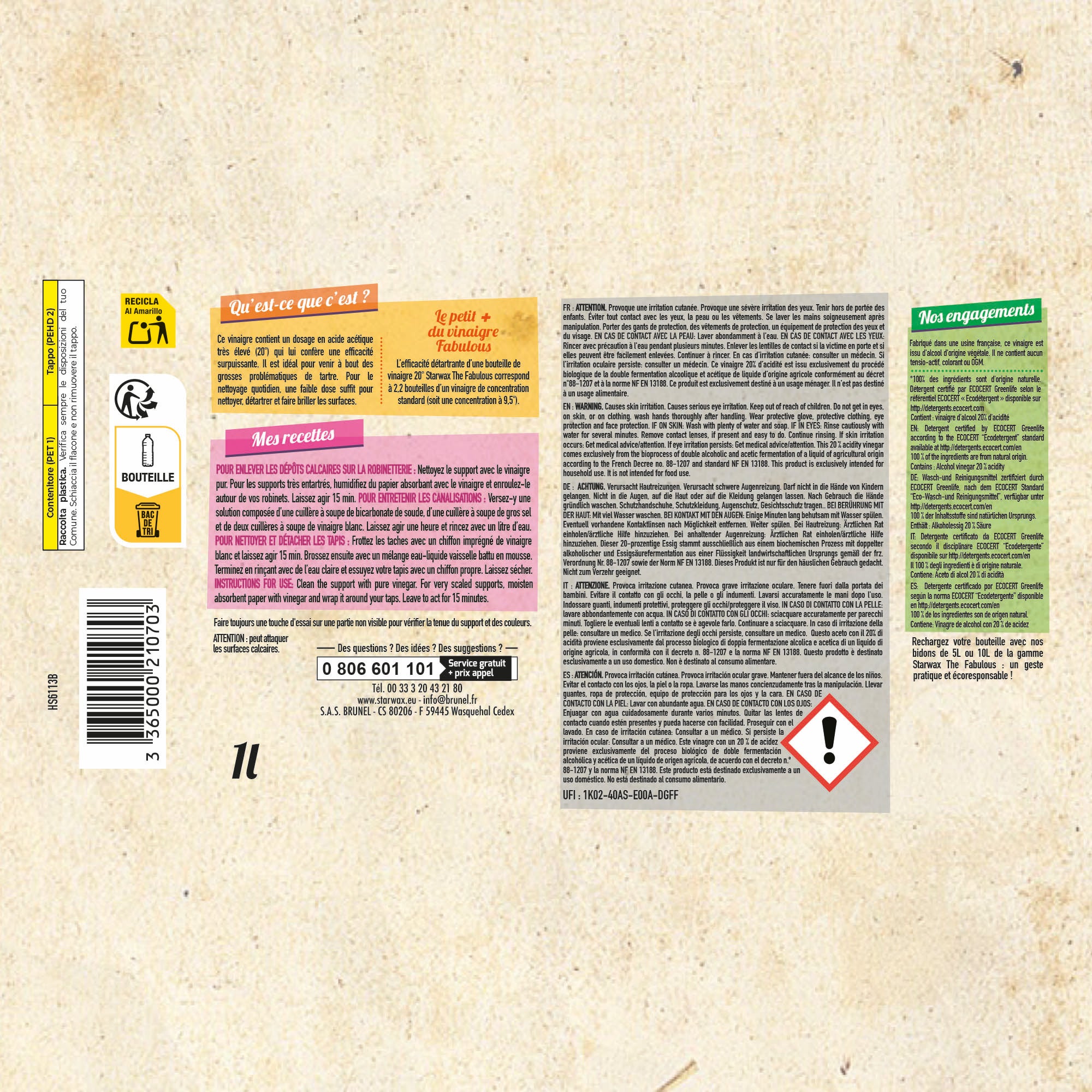 STARWAX FABULOUS - Vinaigre blanc ménager 20° 1L