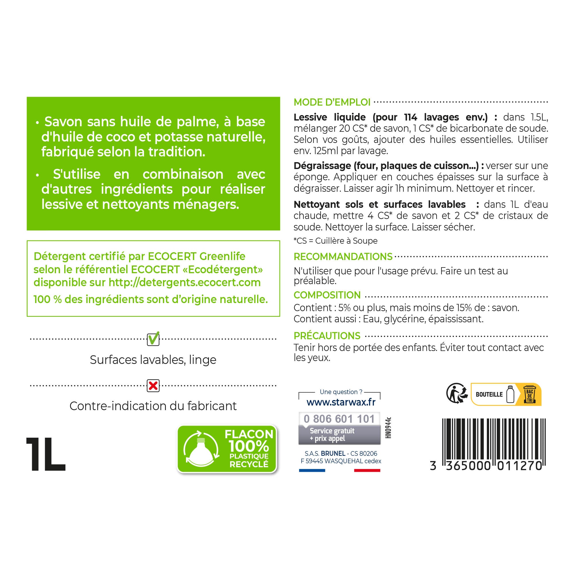 STARWAX SOLUVERT - Savon de Marseille liquide sans huile de palme 1L