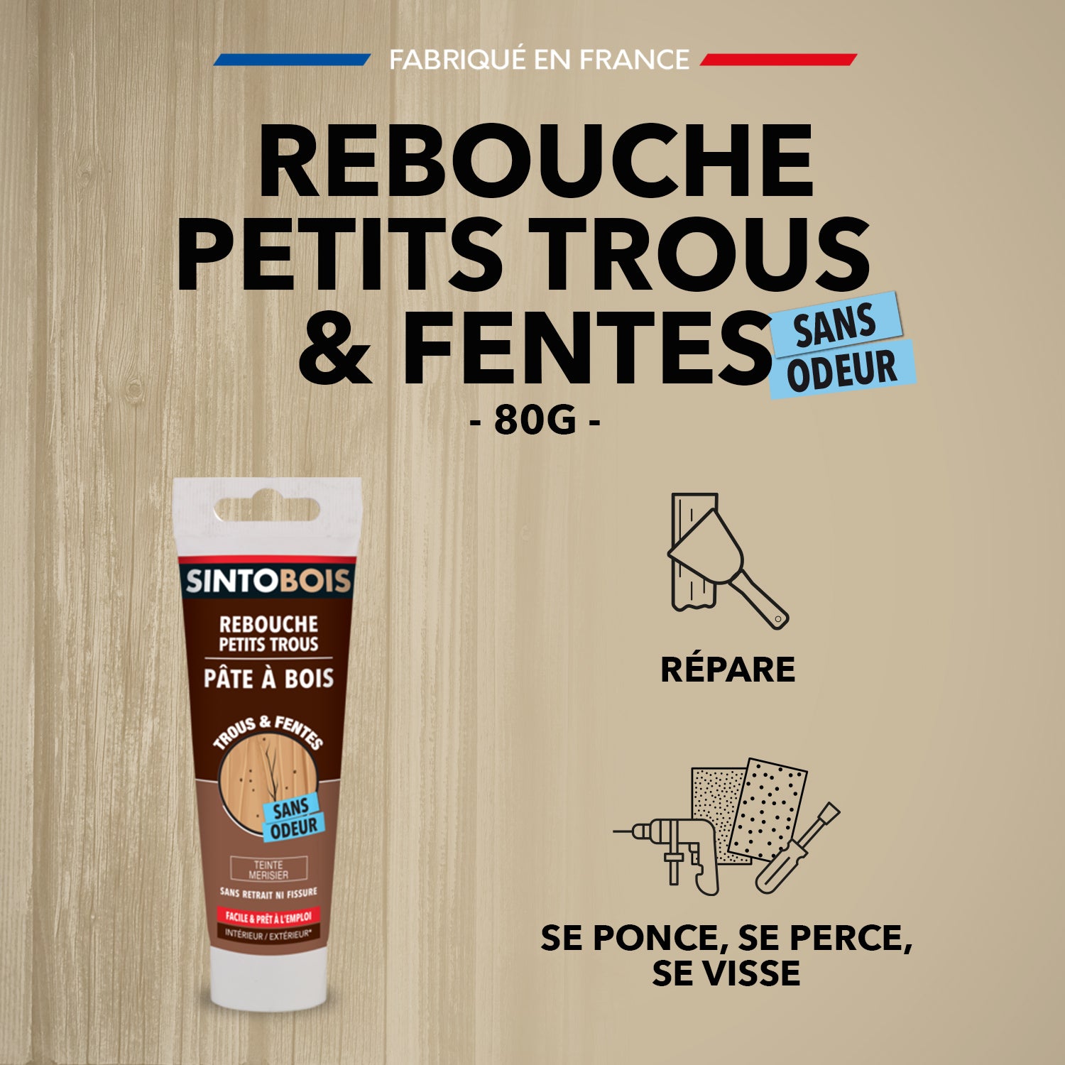 SINTO - Rebouche imperfections -  Pâte à bois naturel 80g Blanc