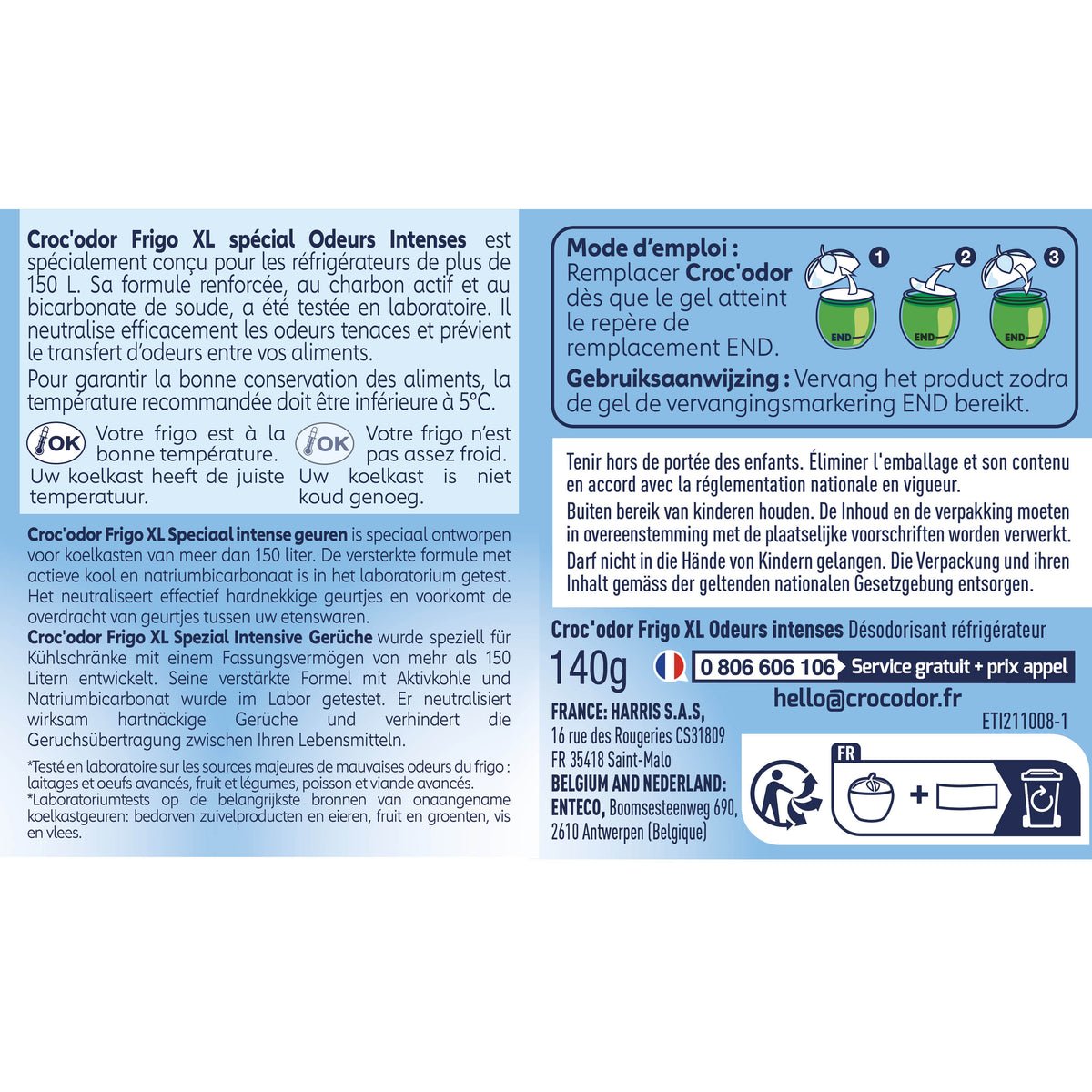 CROC ODOR - Absorbeur d'odeurs Frigo XL Odeurs intenses 140g Sans parfum