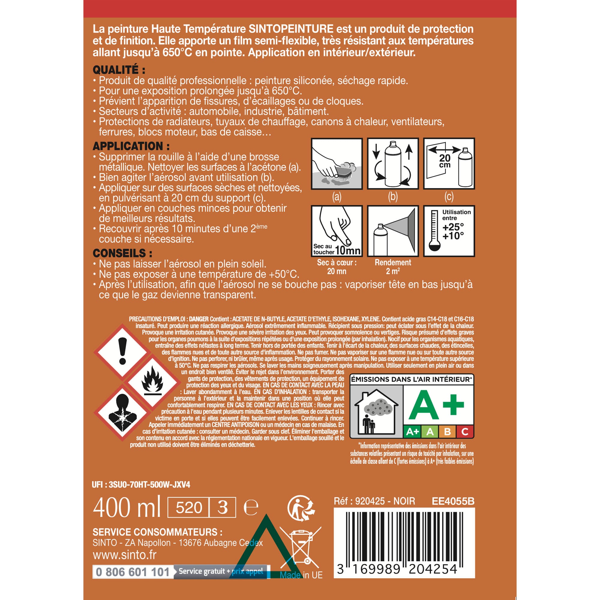 SINTO - Aérosol haute température 400ml Noir