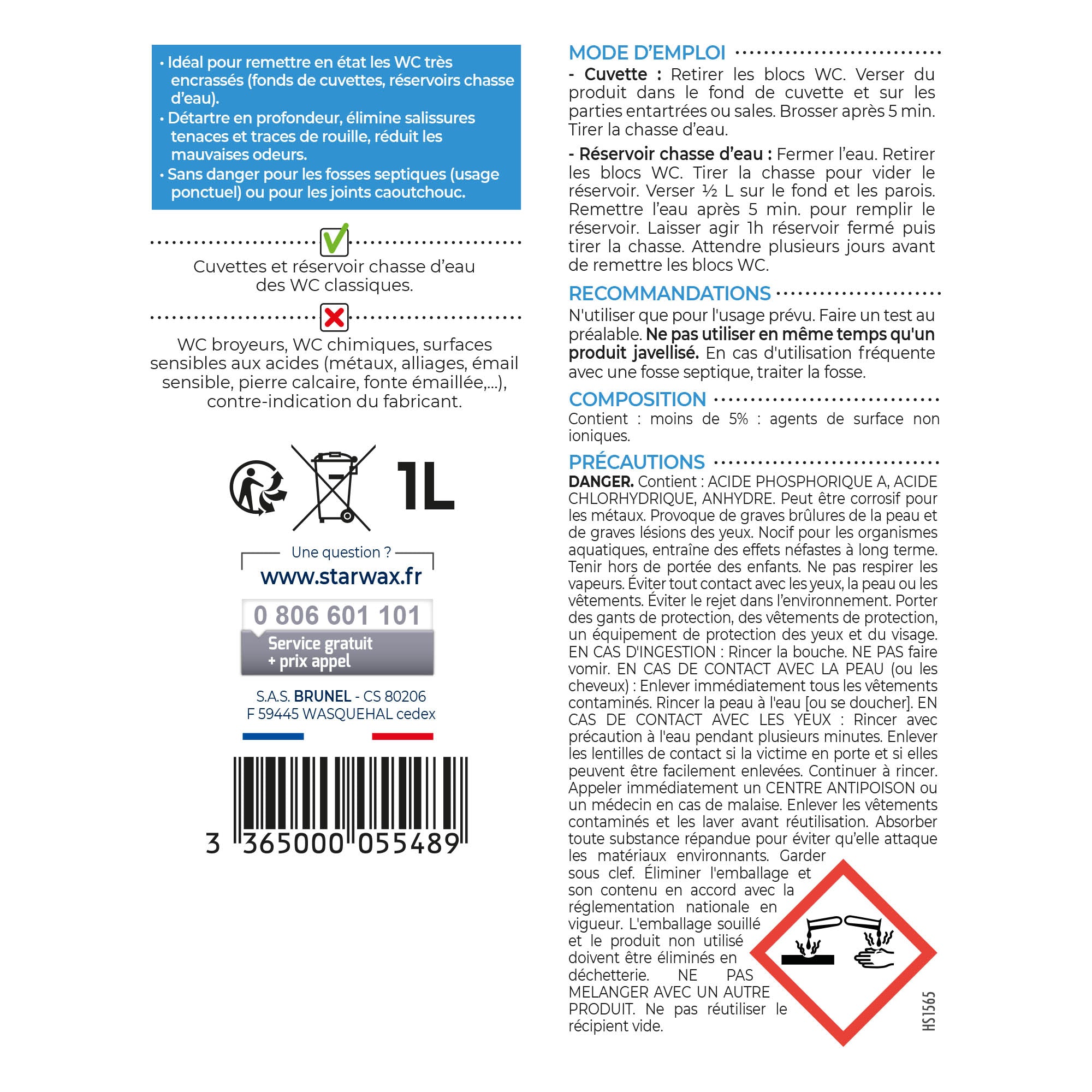 STARWAX - Décapant choc rénovateur WC - Éfficacité Professionnelle 1L