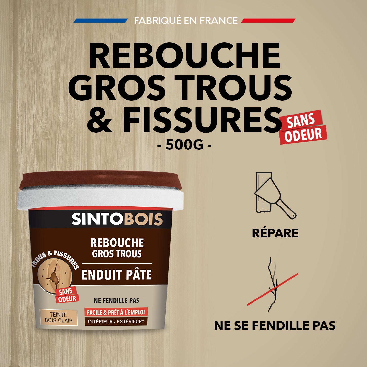 SINTO - Reboucher gros trous et fissures dans le bois clair 330g Bois clair