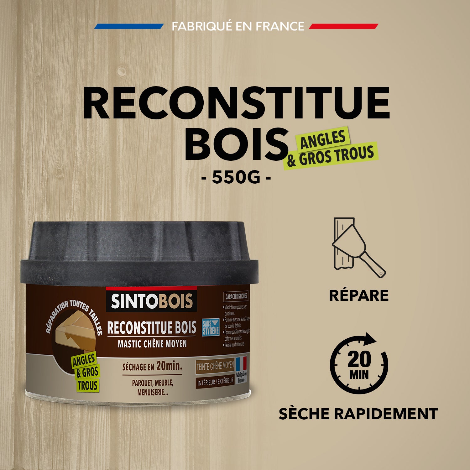 SINTO - Reconstitue angles et gros trous 500ml Chêne