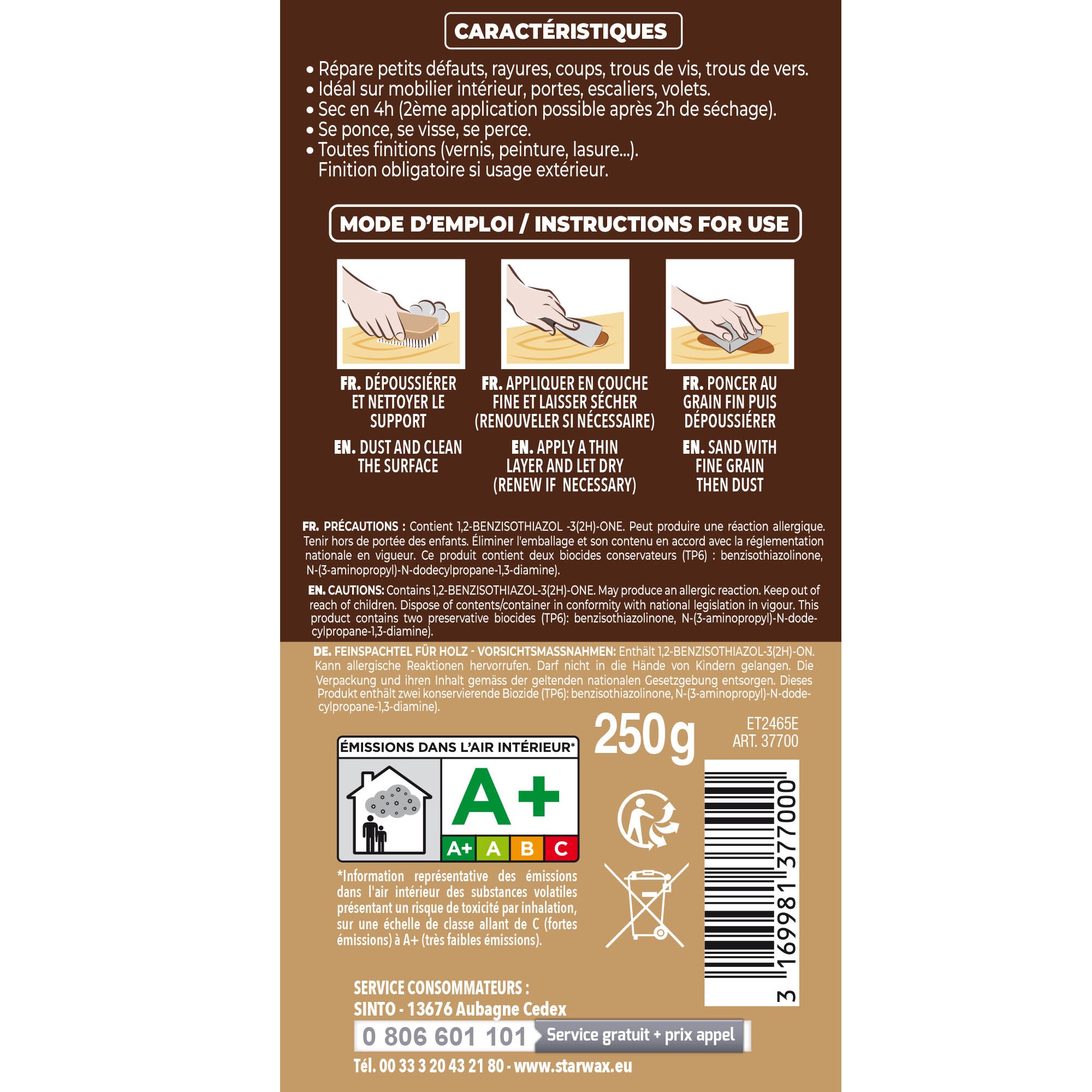 SINTO - Rebouche imperfections -  Pâte à bois naturel 80g Blanc