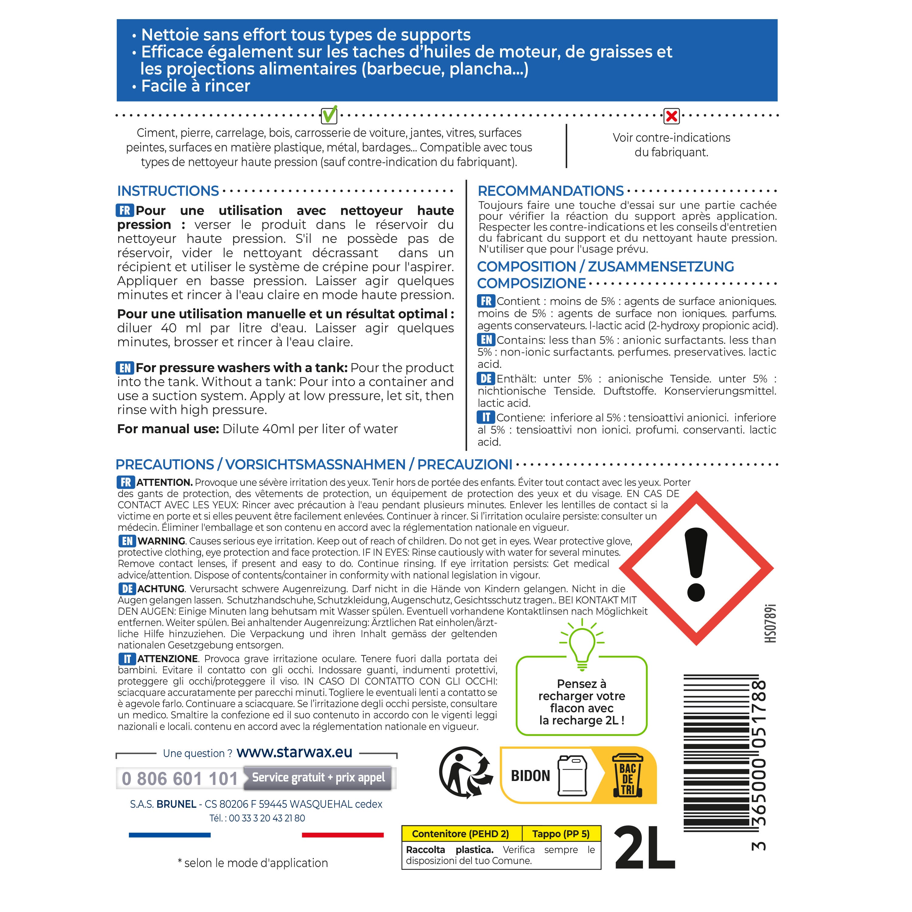 STARWAX - Nettoyant décrassant pour toitures, murs, et sols extérieurs 1L