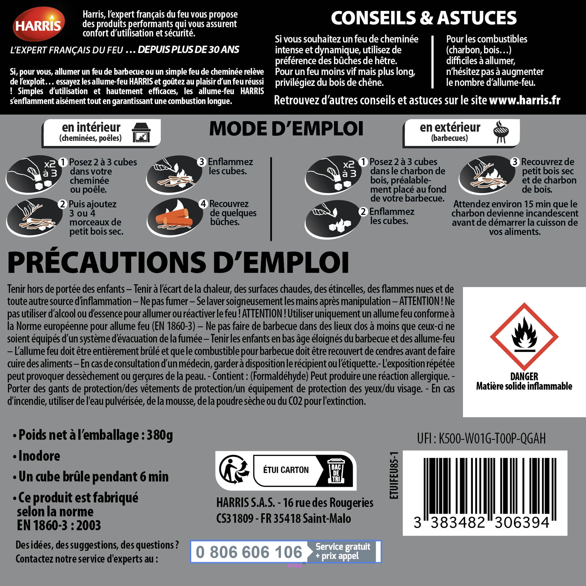 HARRIS - 96 cubes allume feu super puissant x96 380g
sans odeur