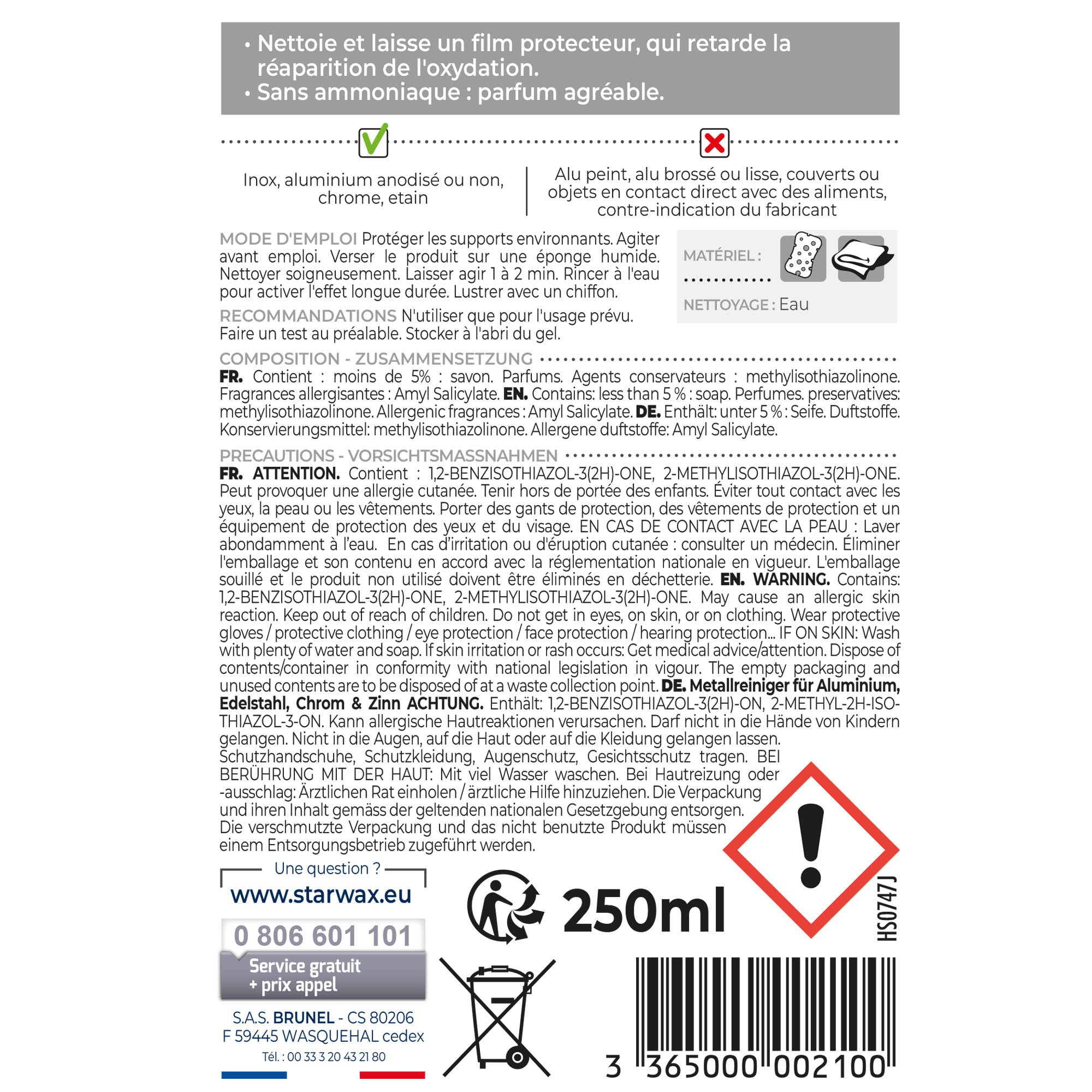 STARWAX - Nettoyant Alu Inox Chrome & Etain 250ml