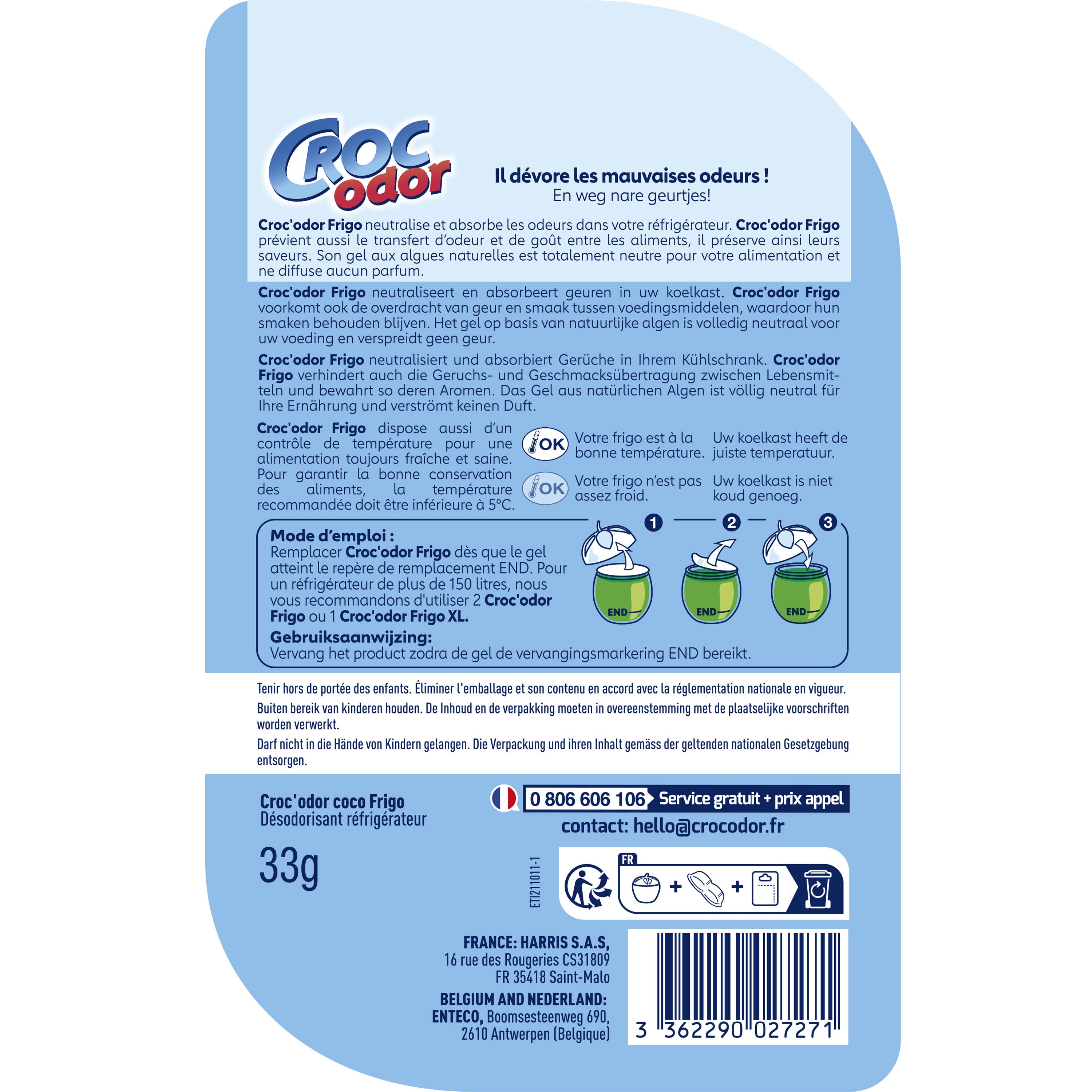 CROC ODOR - Absorbeur d'odeurs Frigo 33g Sans parfum
